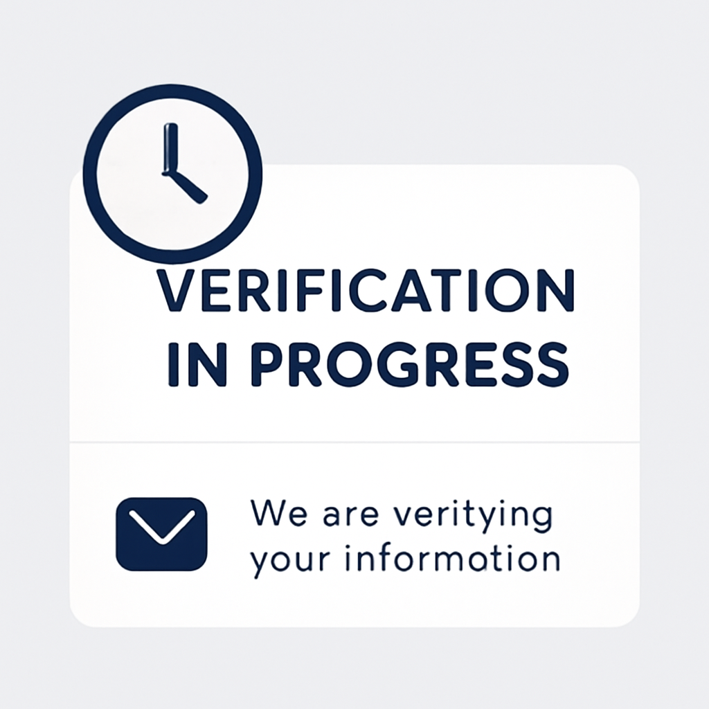 A digital dashboard with a 'Verification in Progress' status, a clock icon, and a notification email symbol