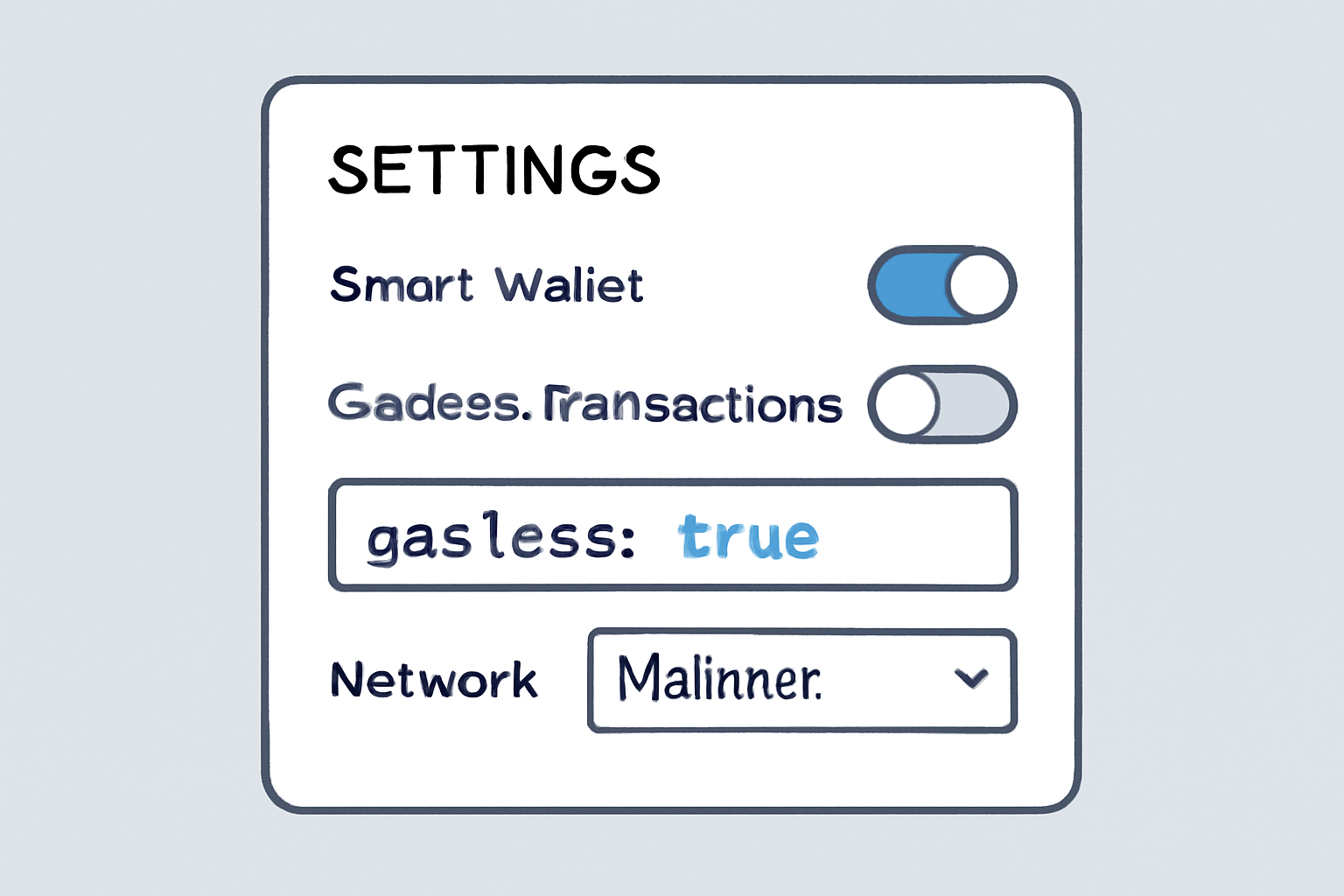 A settings panel or code showing configuration for smart wallets and gasless transactions, toggles and options visible
