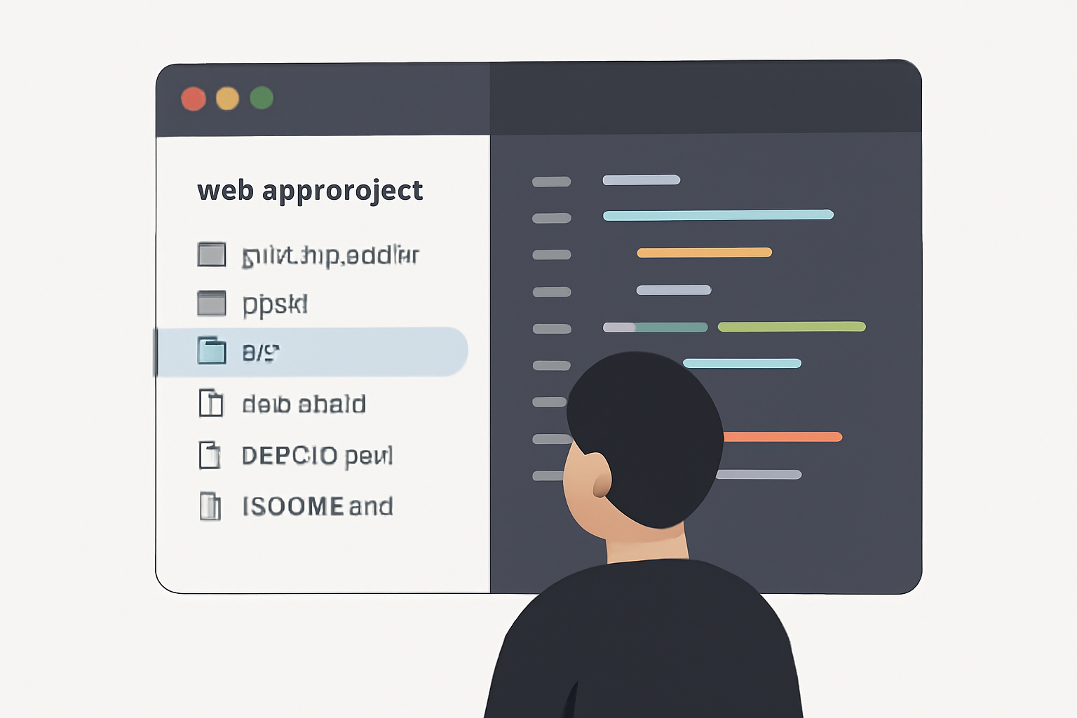 A code editor window open with a web app project, user reviewing files, modern interface