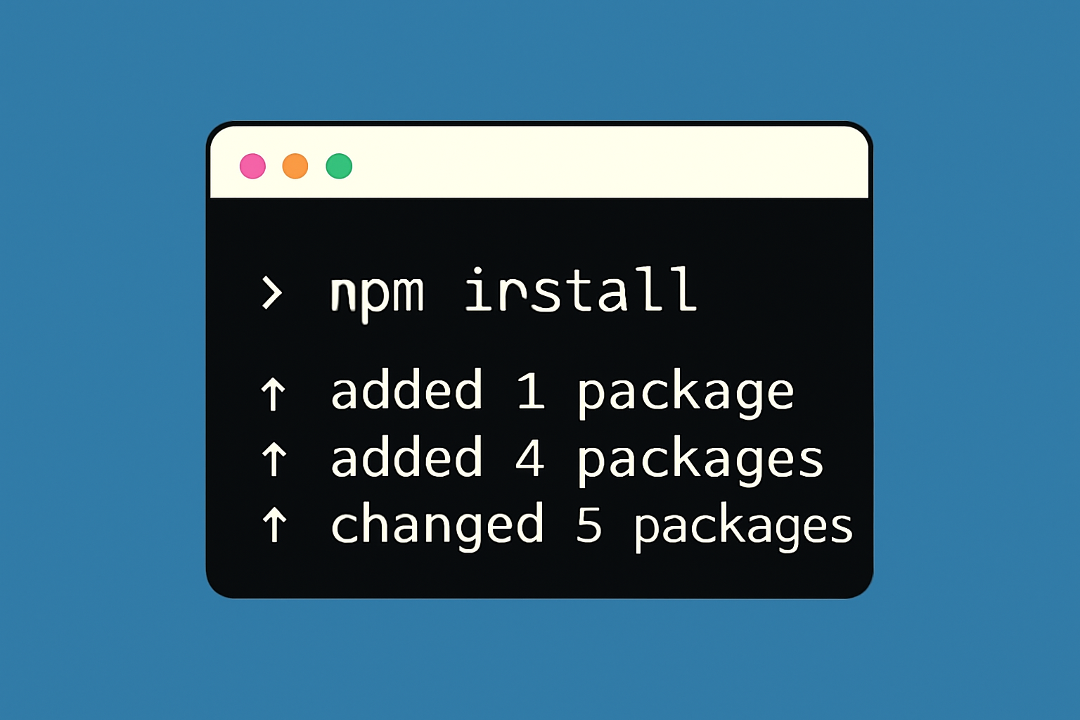 A terminal showing npm installing a package, code dependencies updating, developer focused