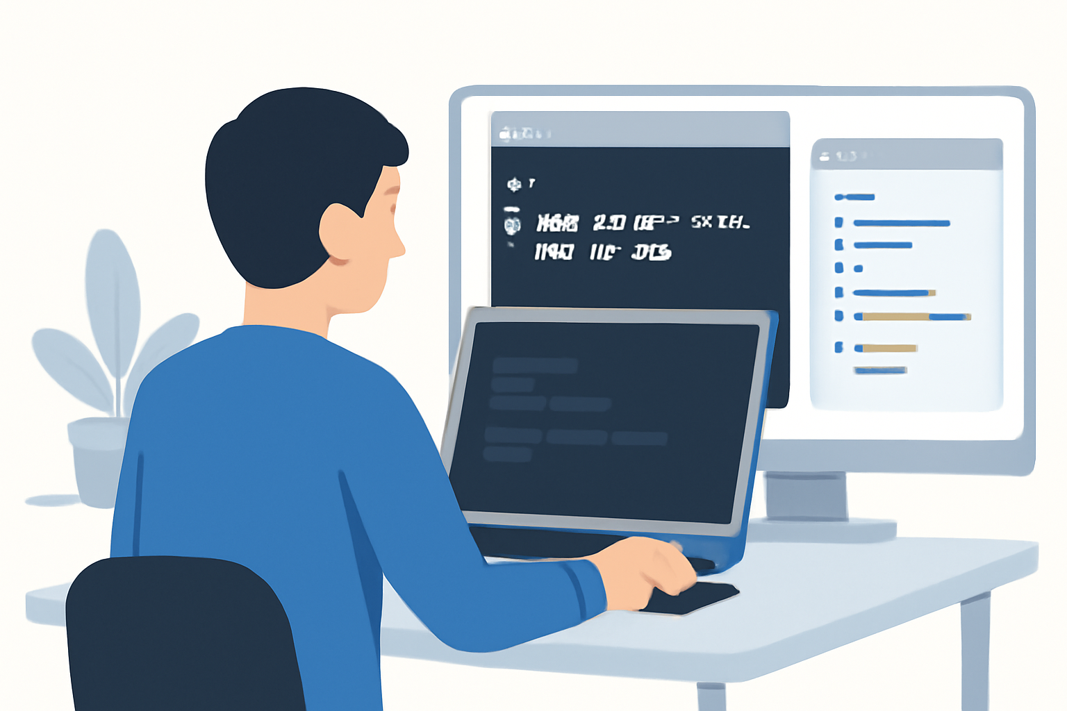 A developer running a terminal command to scaffold a new web app project, modern UI, clean workspace, code editor open