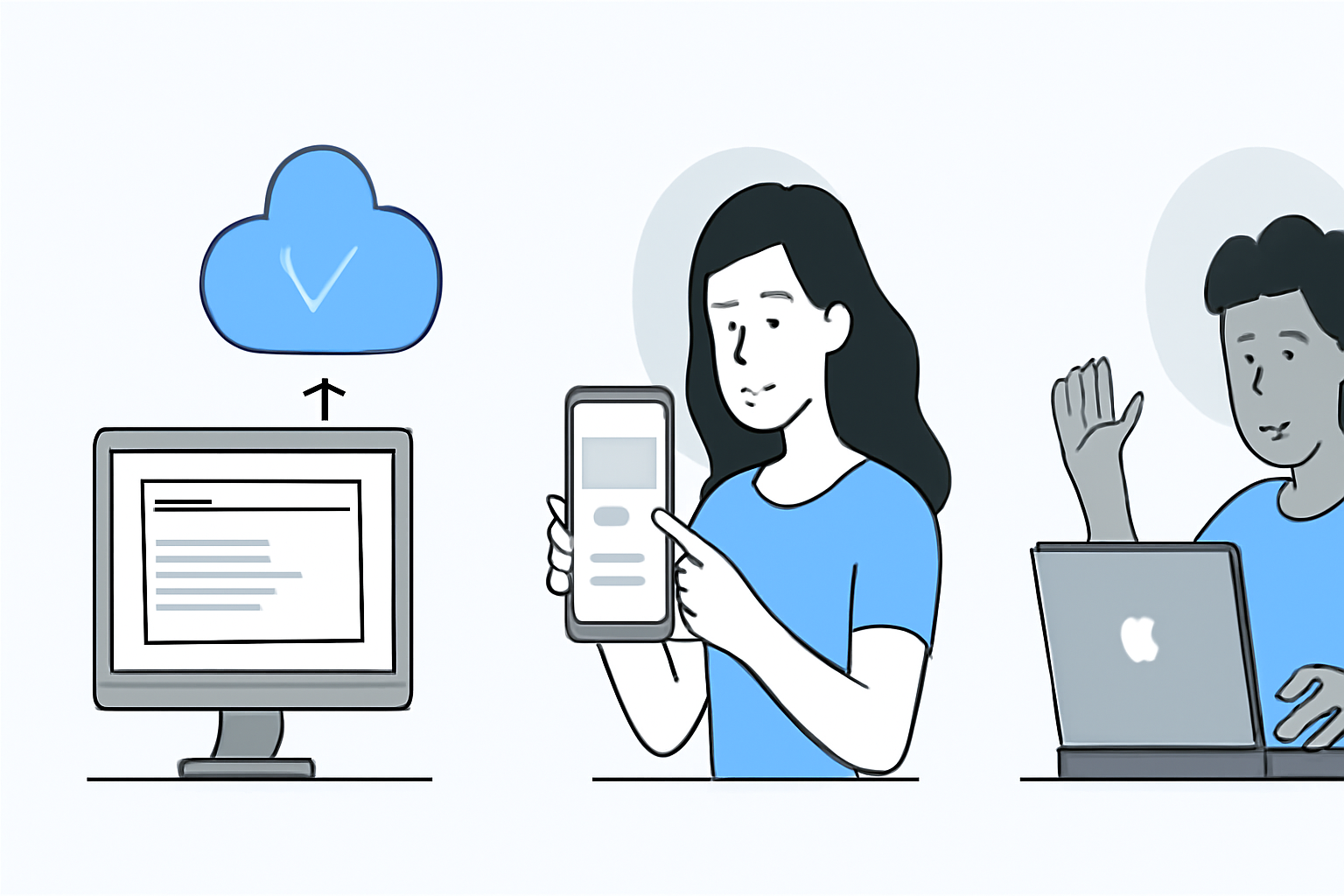 A developer testing a web app, deploying to the cloud, users interacting with the app, checkmarks for success