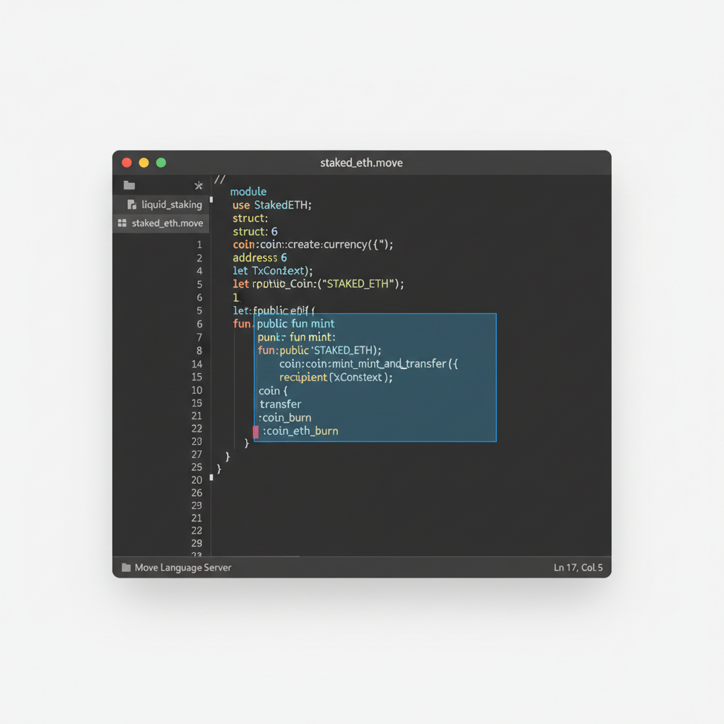 code editor sui move module defi token mint function, syntax highlighted