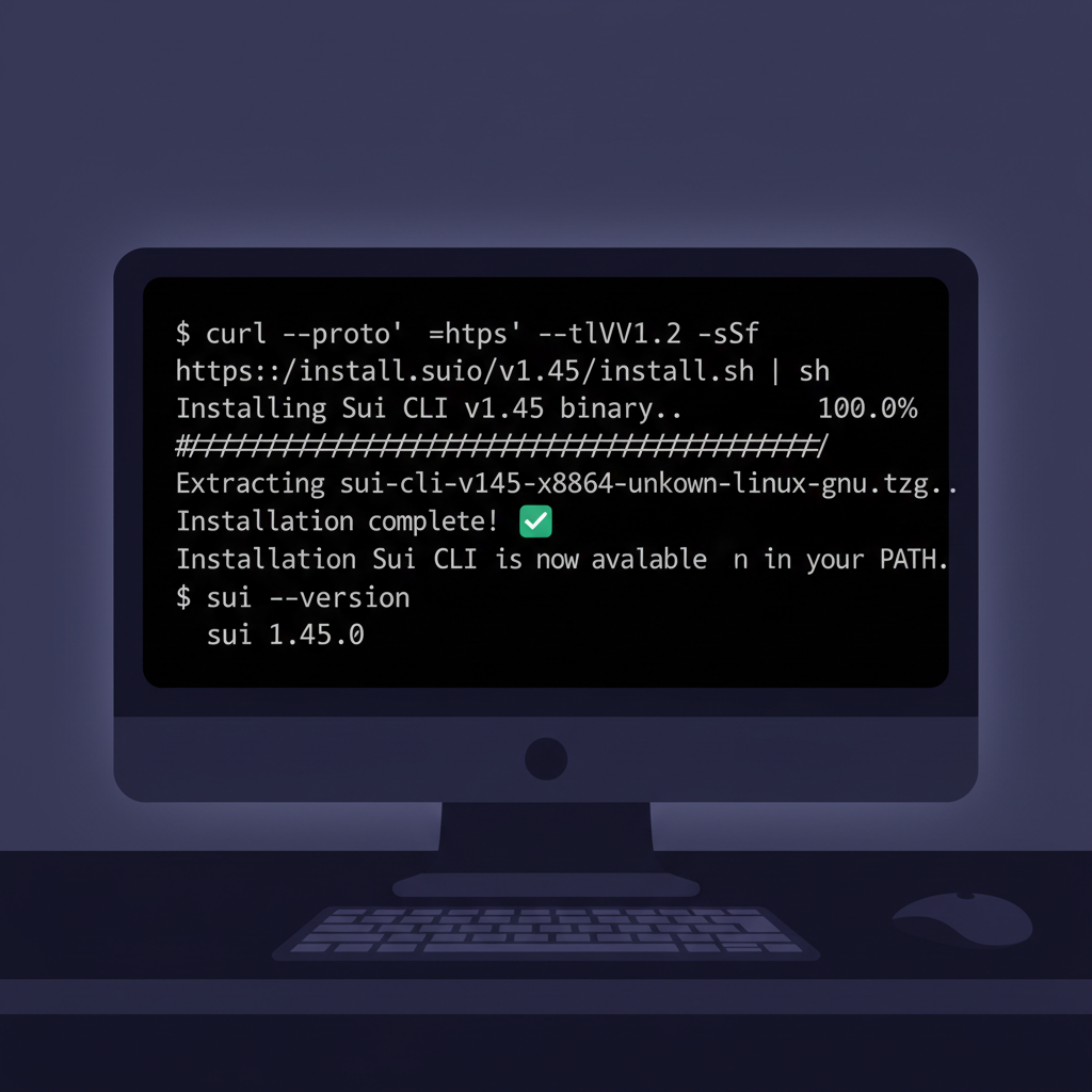 terminal installing sui cli v1.45 binary, dark theme code output