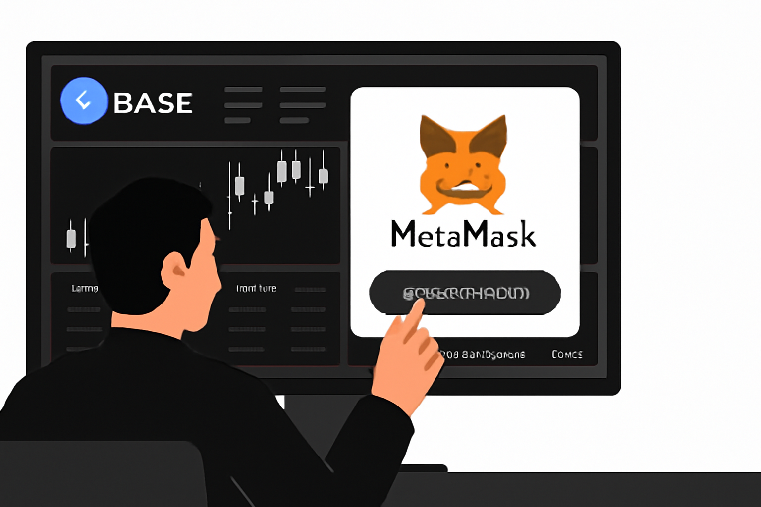 a user connecting their MetaMask wallet to a modern crypto trading dashboard, Base network logo visible, serious tone, clean interface