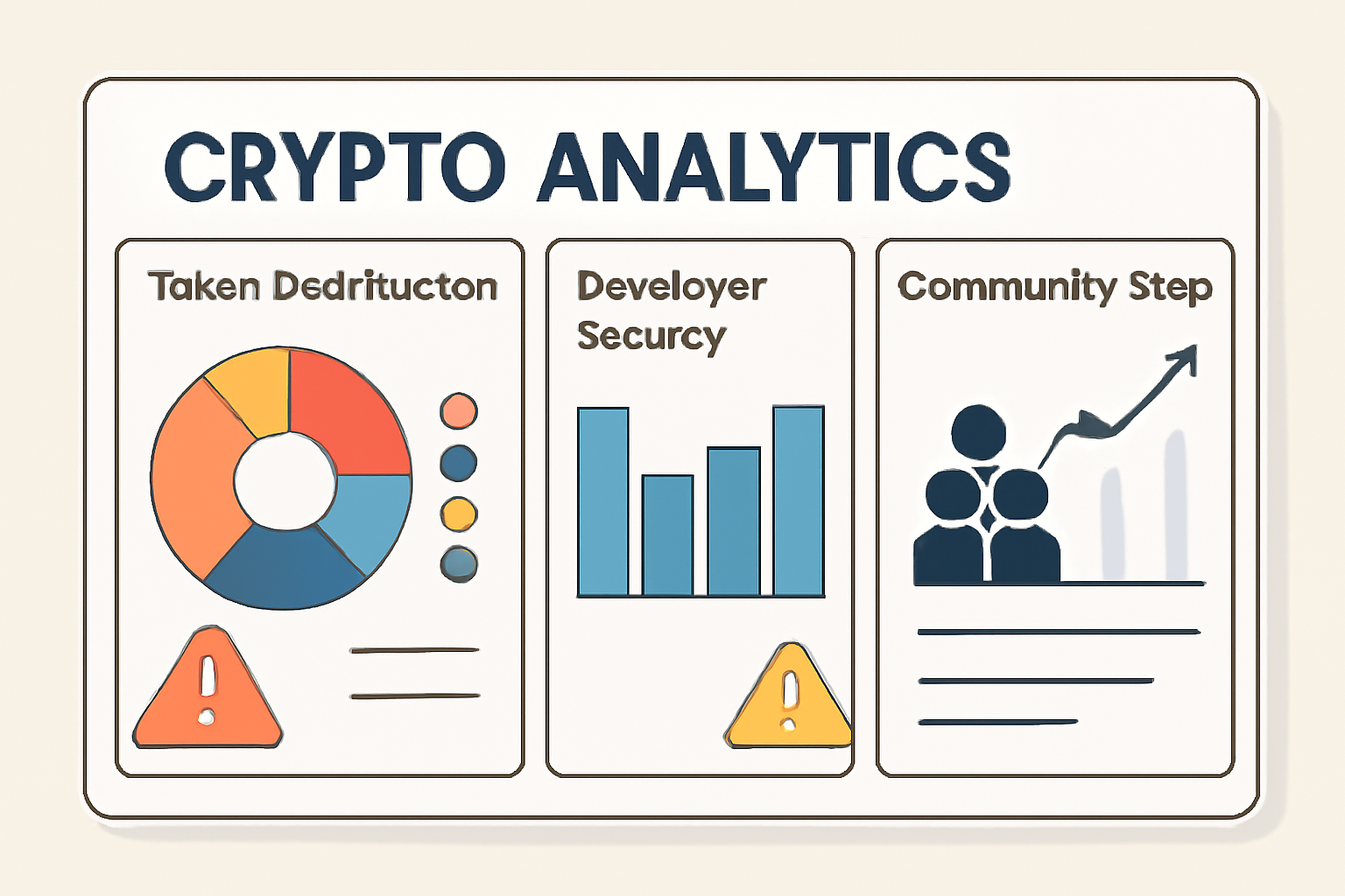 a crypto analytics dashboard showing token distribution, developer activity, and community stats, with warning icons for risky tokens