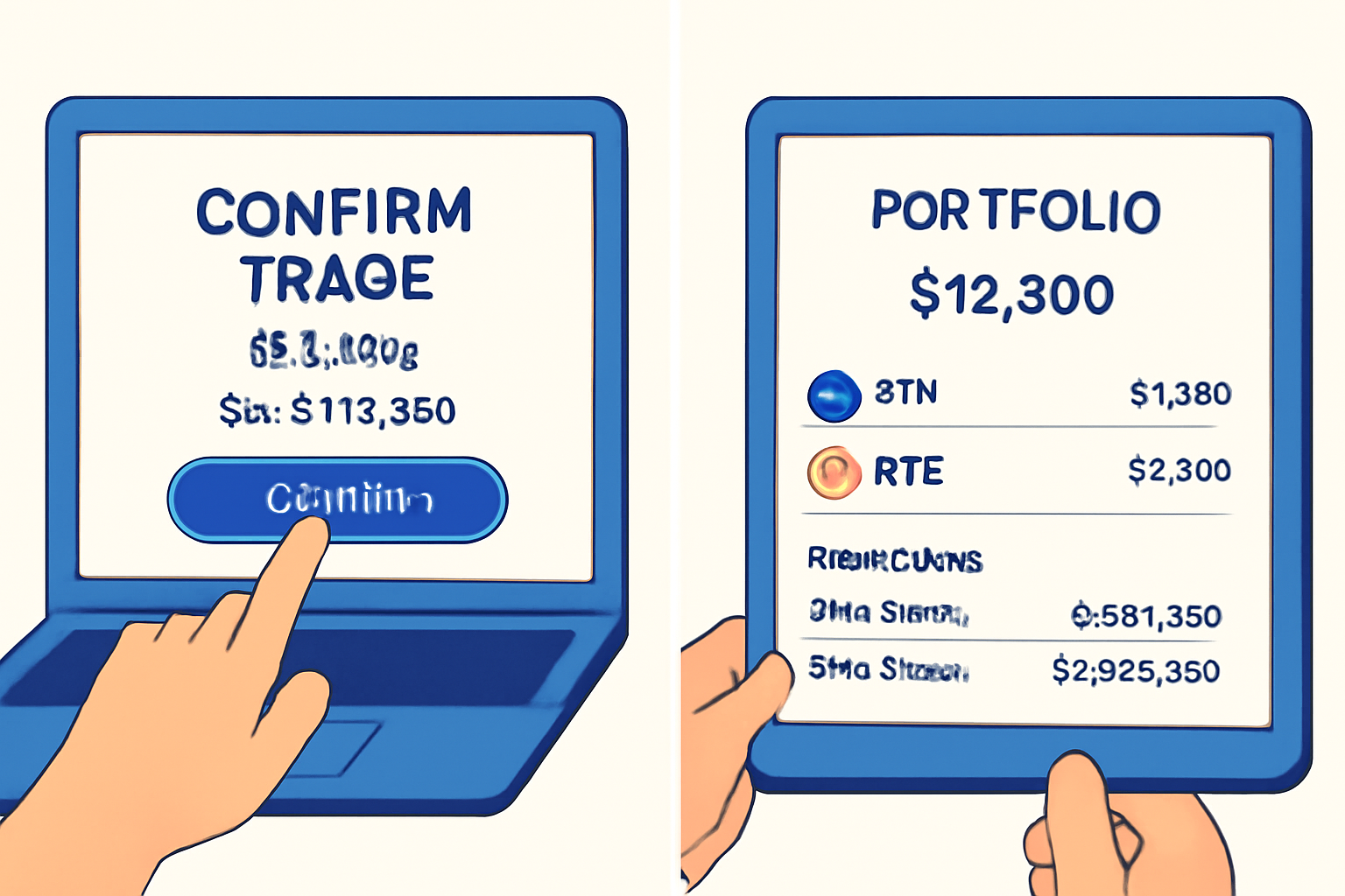 a user confirming a trade on a crypto platform, then viewing their updated portfolio and price alerts, modern interface, Base colors