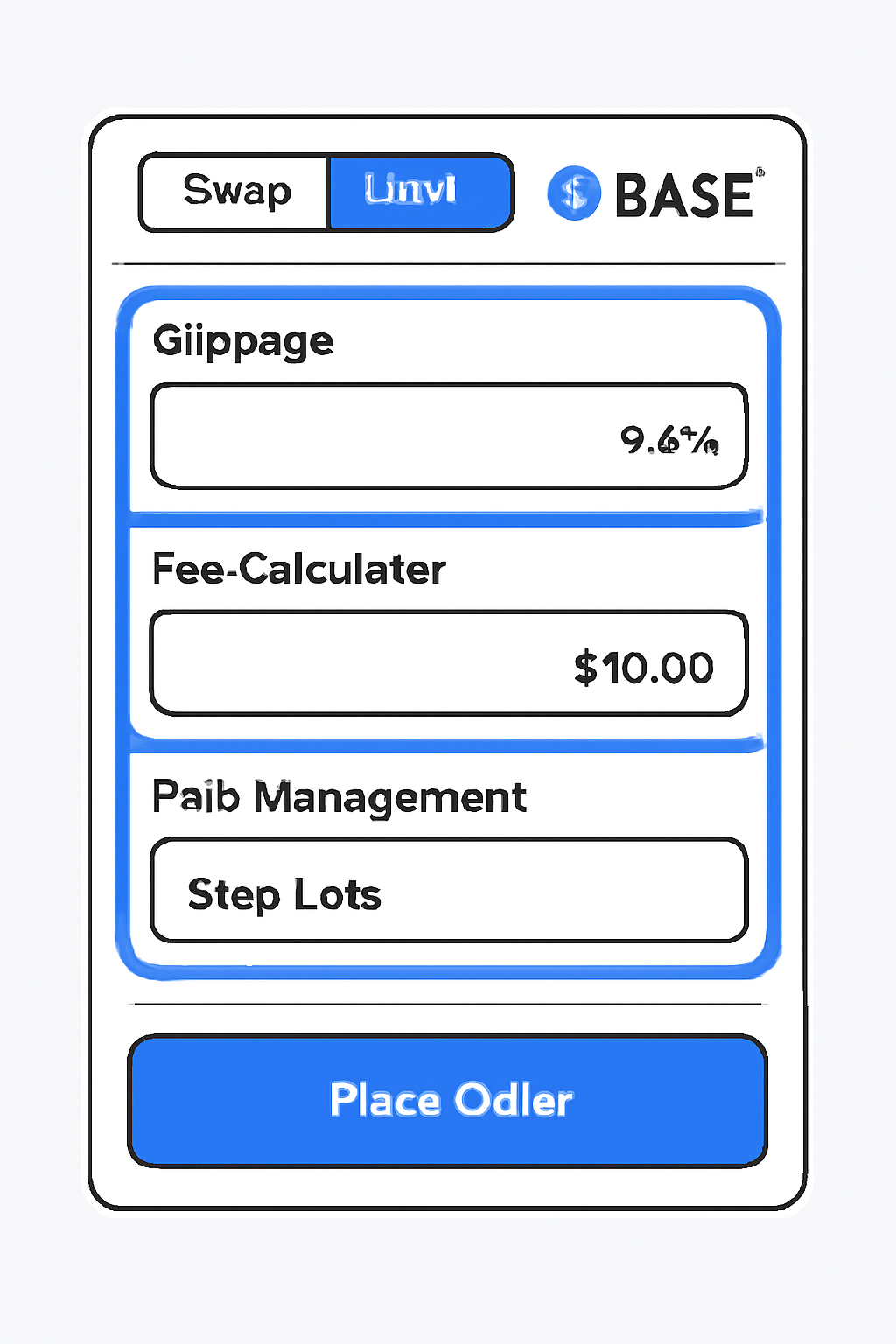 a trading interface with slippage settings, fee calculator, and risk management options highlighted, Base network branding