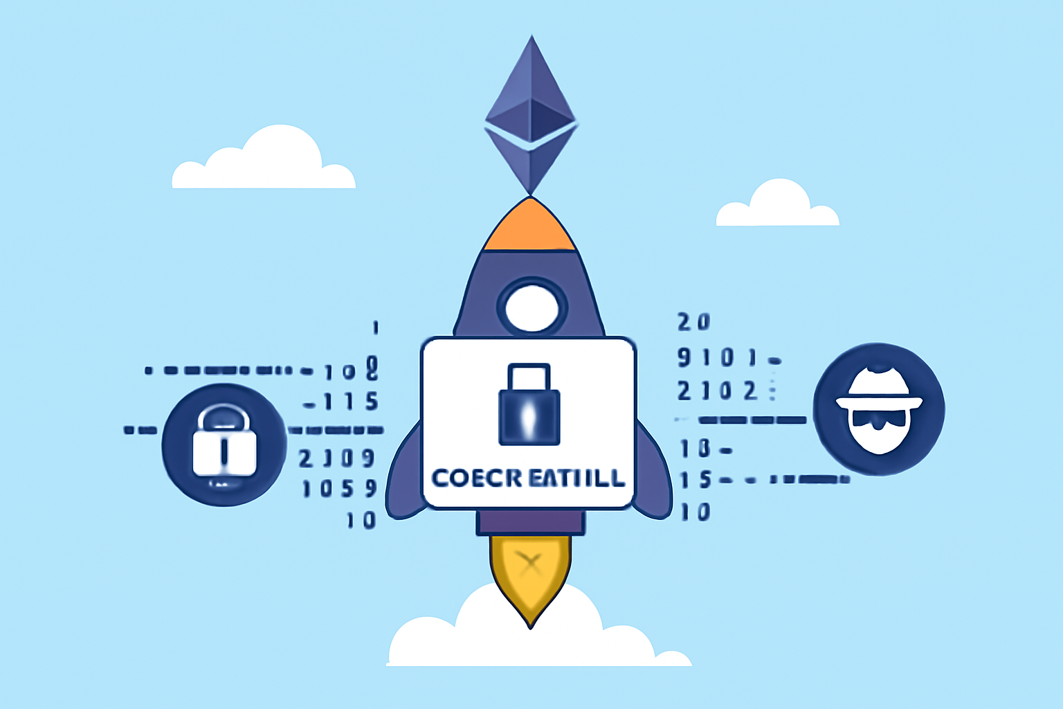A rocket launching a confidential token contract onto the Ethereum blockchain, with encrypted data streams and privacy icons.