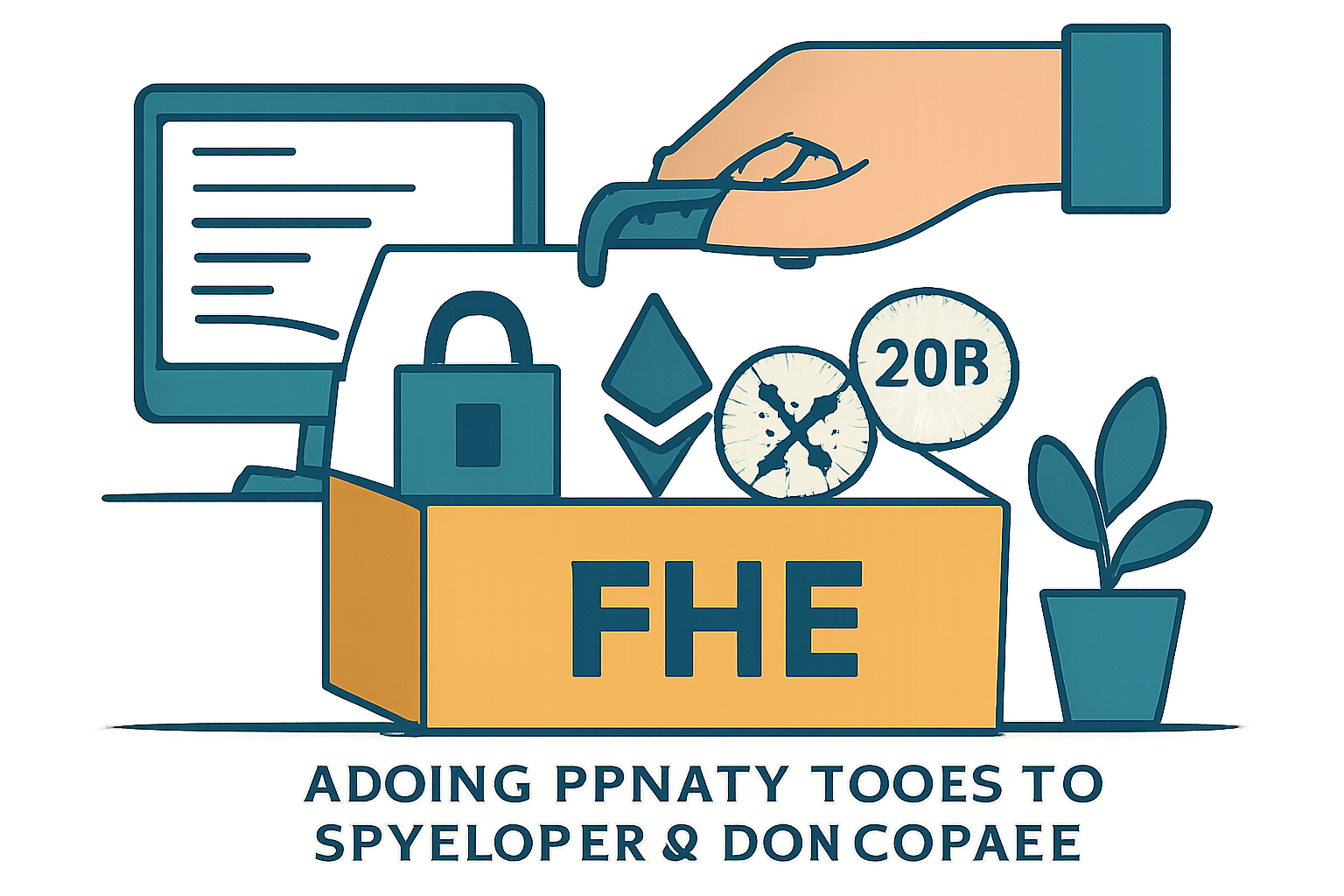 A digital toolbox labeled 'FHE' with cryptographic symbols and Ethereum logos, representing privacy tools being added to a developer's workspace.