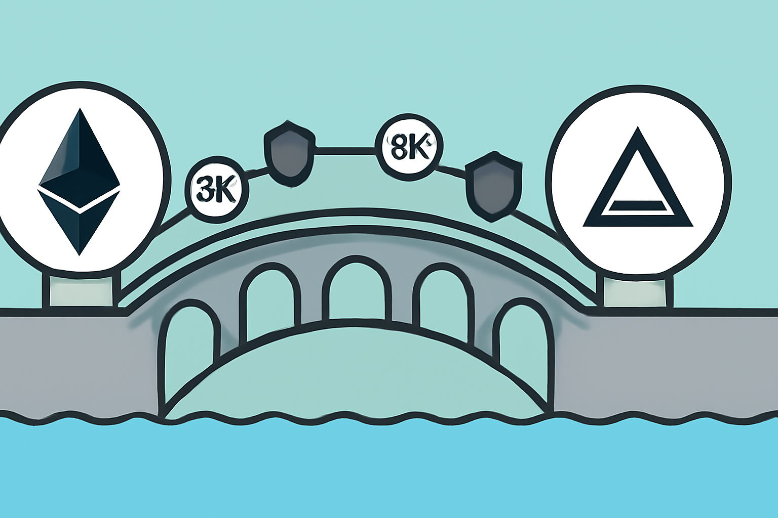 A bridge connecting Ethereum to Aztec’s zk-rollup, with privacy shields and zero-knowledge proof symbols along the path.