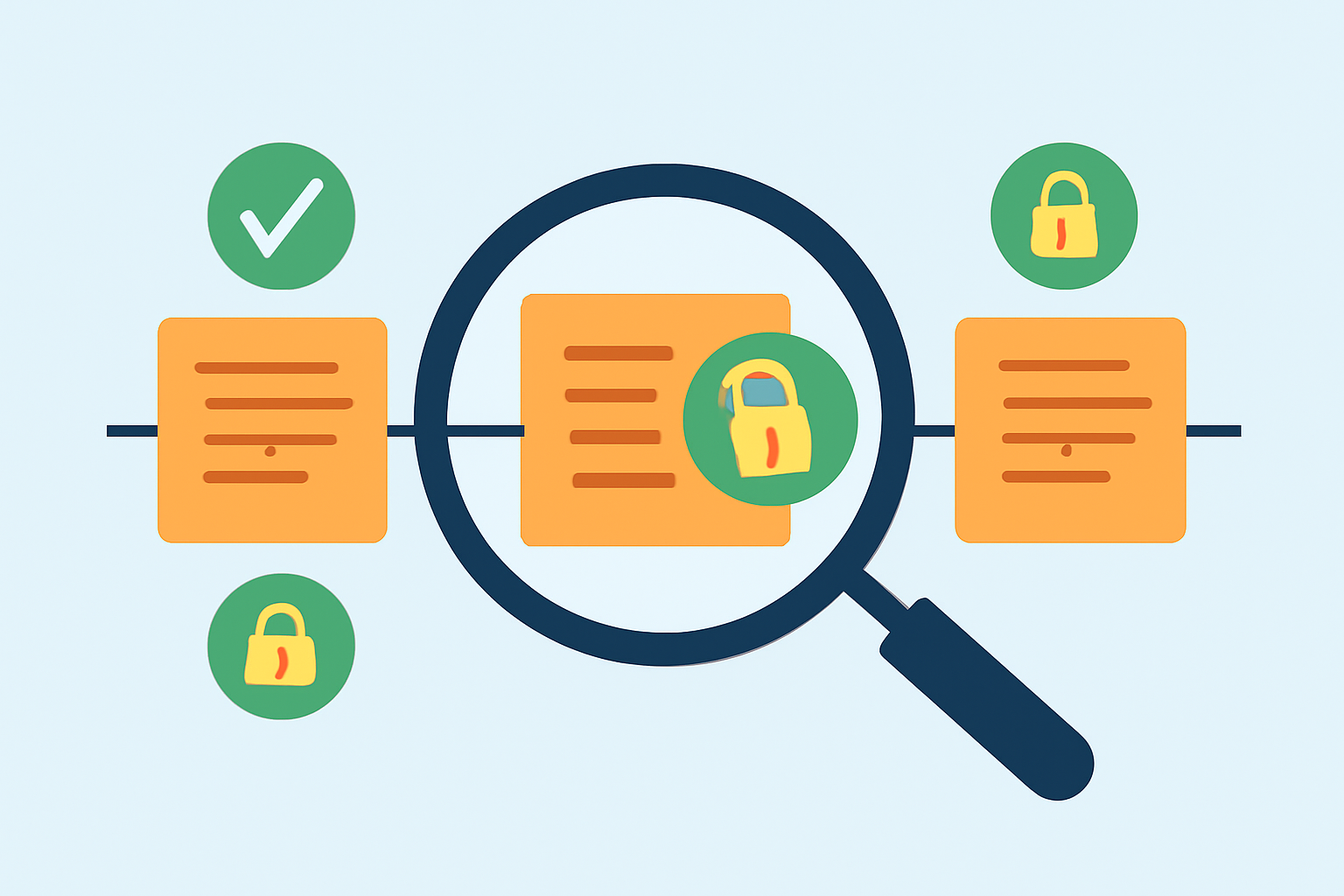 A magnifying glass inspecting encrypted transactions on a blockchain, with checkmarks and privacy locks indicating successful audits.