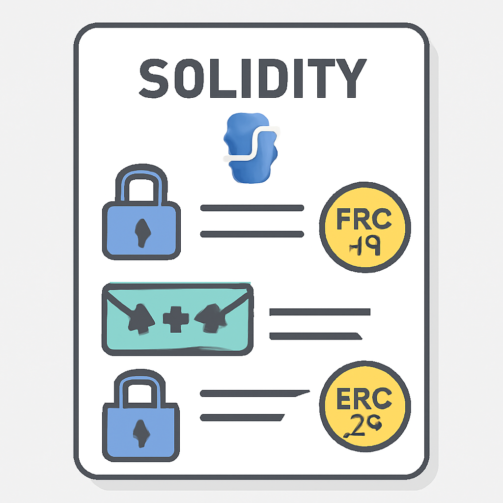 A Solidity smart contract file with encrypted data icons, padlocks, and ERC-20 token symbols, illustrating confidential code.