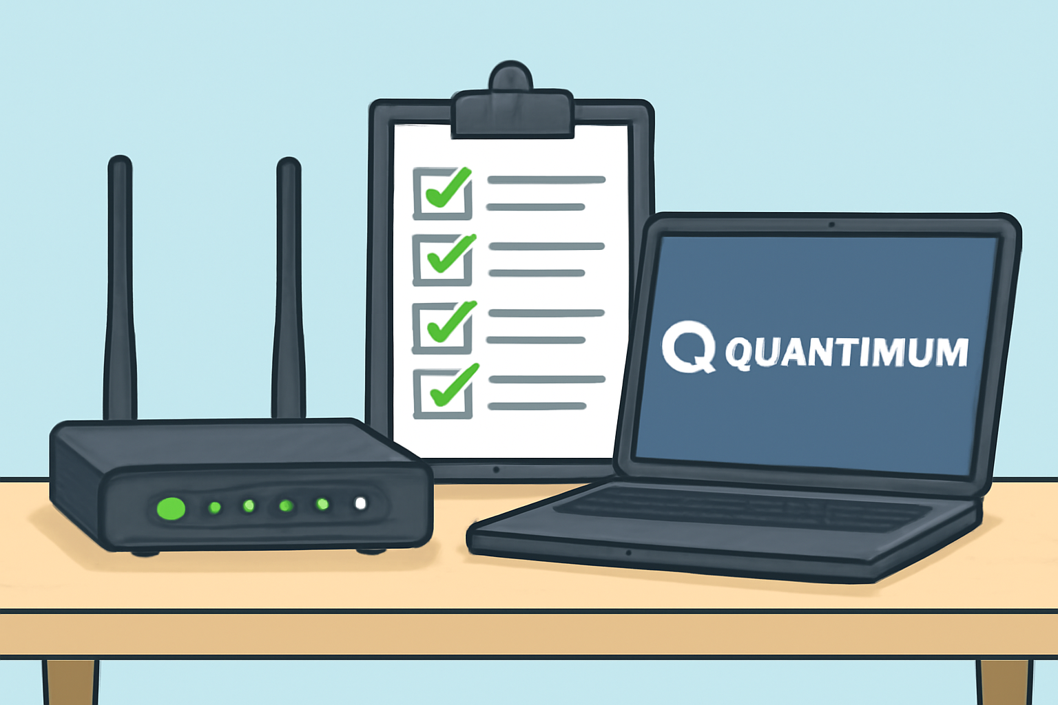 A modern home Wi-Fi router on a desk, with a checklist and a laptop displaying the Quantinium logo.