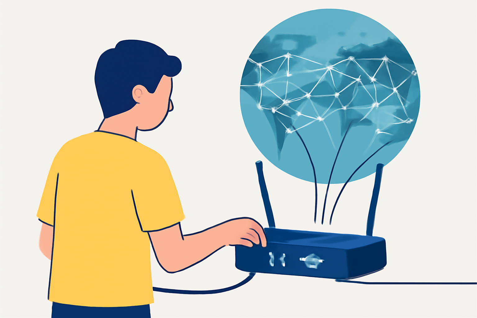 A person connecting a Wi-Fi router to a network, with digital lines linking it to a global mesh network map.