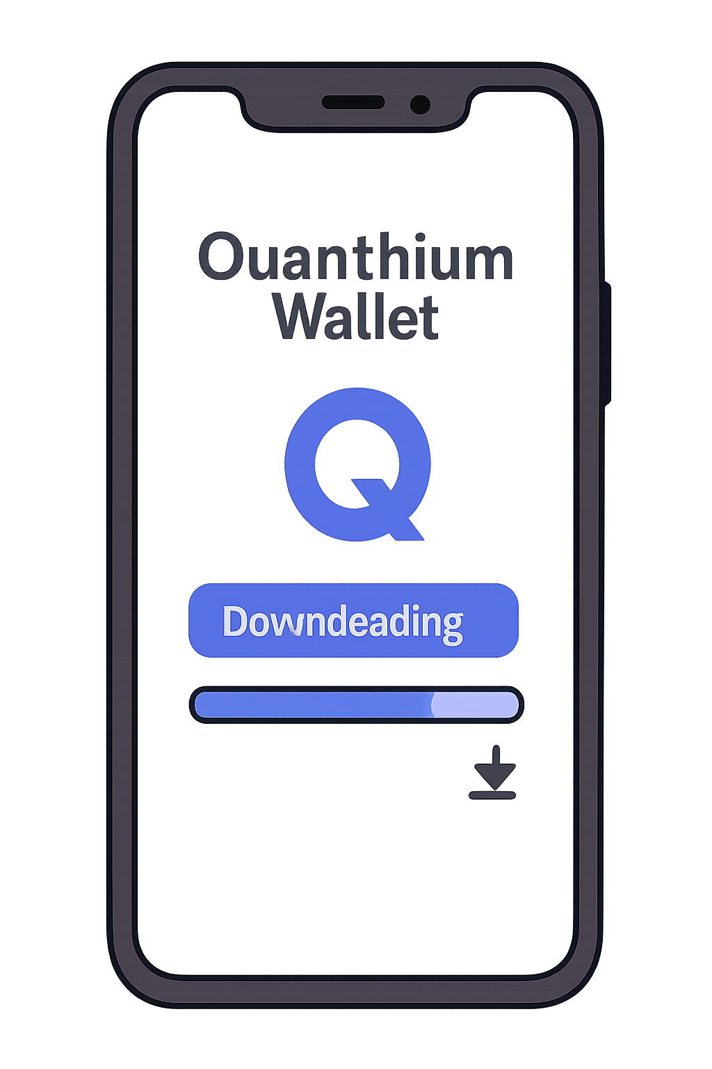 A smartphone screen showing the Quantinium Wallet app being downloaded, with the Quantinium logo visible.