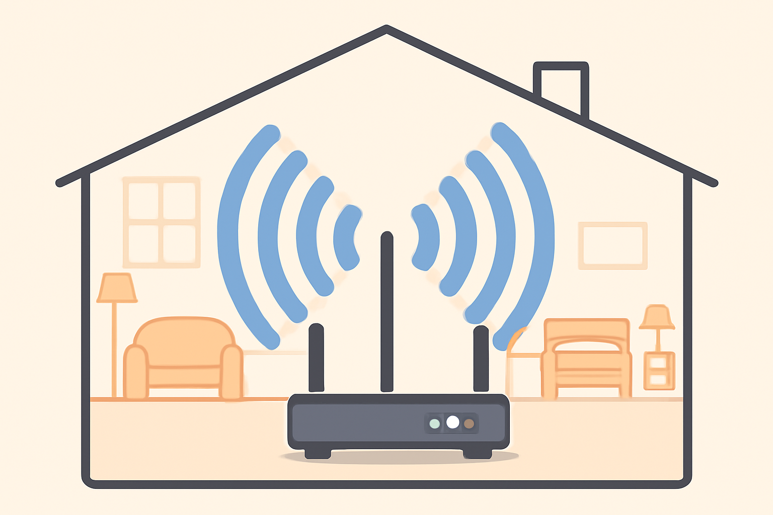 A home interior with a Wi-Fi router placed centrally, radiating strong signal waves throughout the house.