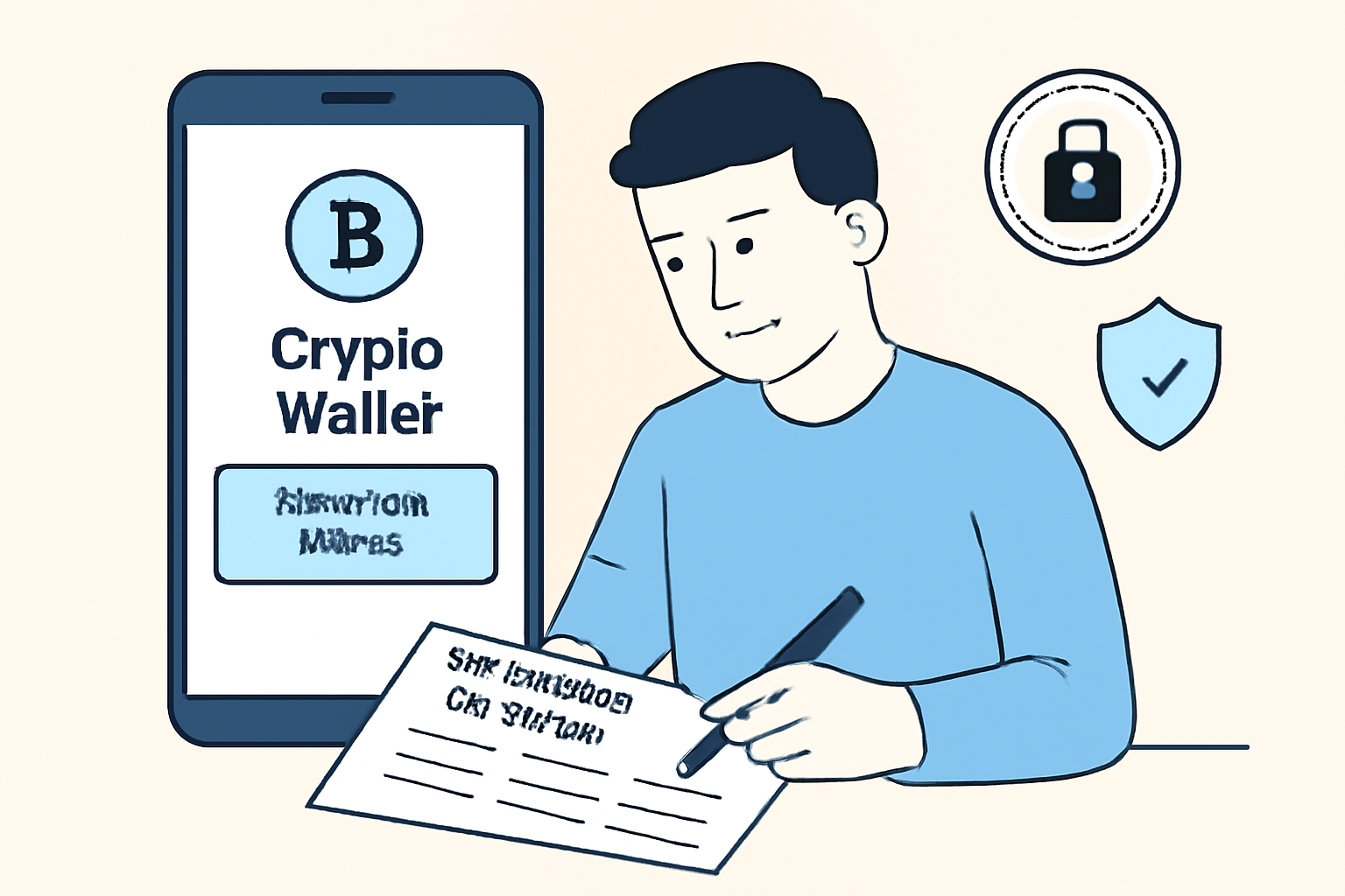 A user setting up a crypto wallet app, writing down a recovery phrase, with digital lock and security icons.