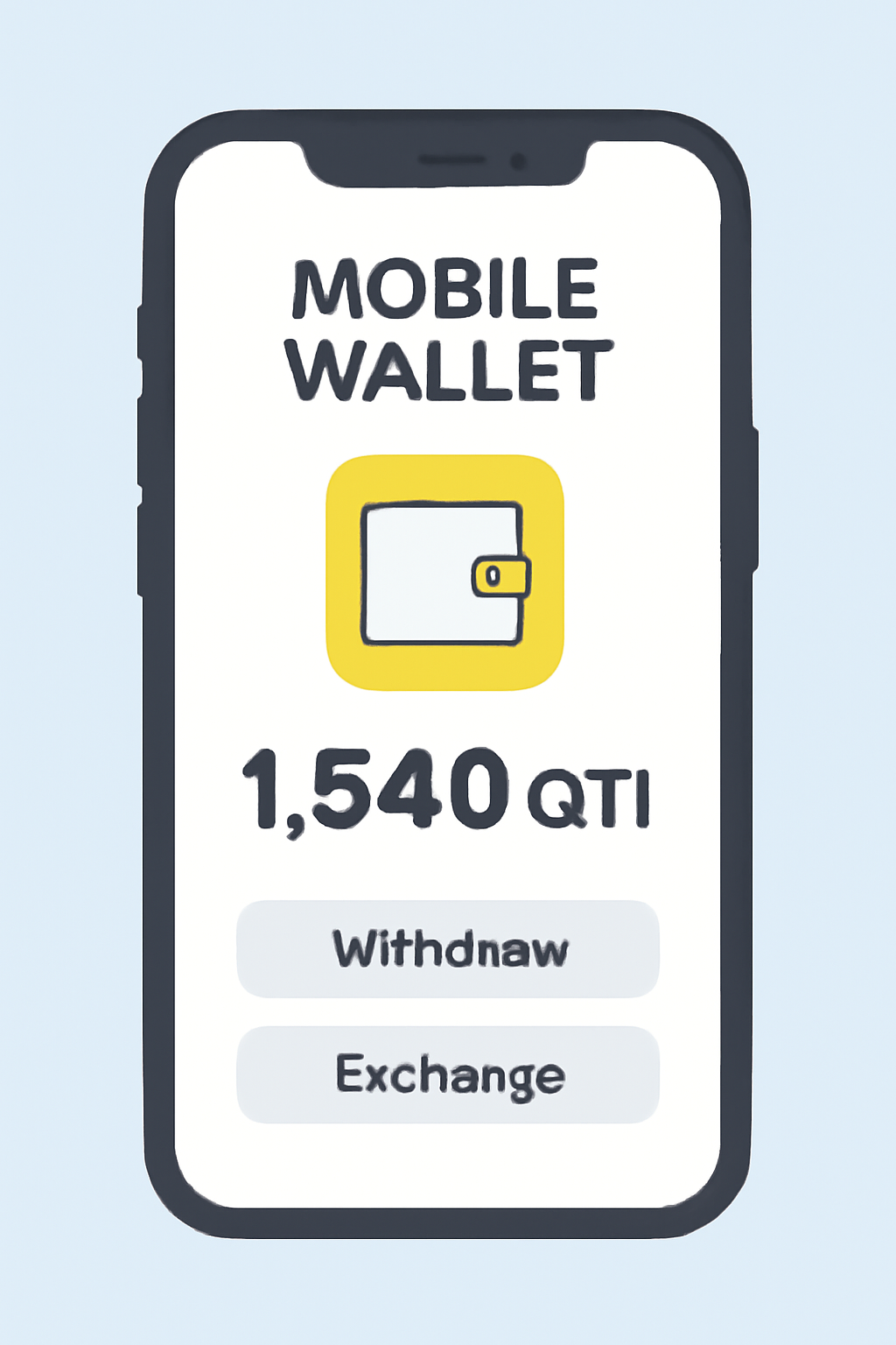 A mobile wallet app displaying a growing QTI token balance and options to withdraw or exchange.