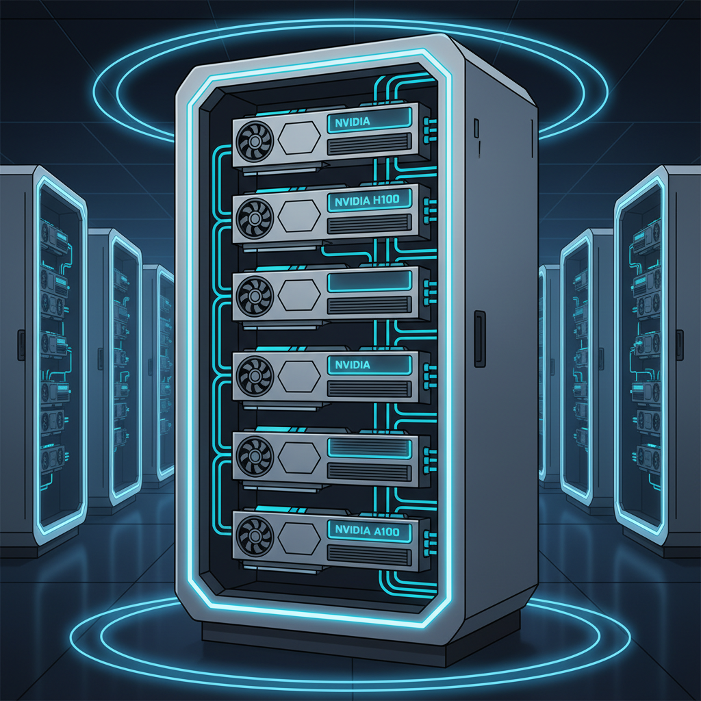 Futuristic server rack with glowing NVIDIA H100 and A100 GPUs, neon blue lights, high-tech data center vibe