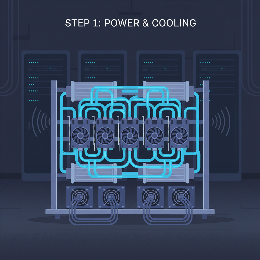 GPU rig with redundant power supplies, advanced liquid cooling tubes, stable humming servers in dark room
