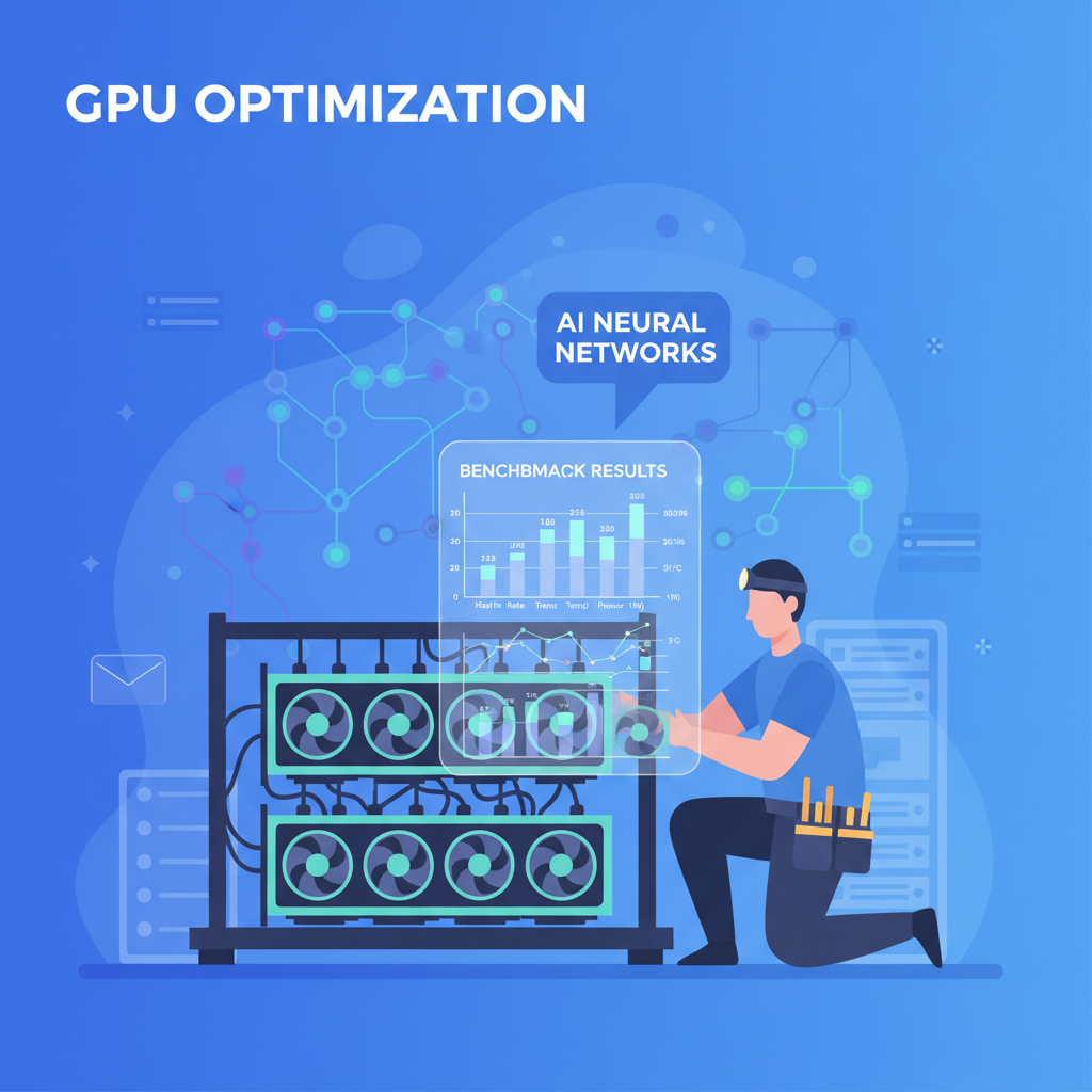 Technician optimizing GPU rig, benchmark charts on screen, AI neural networks visualized in background