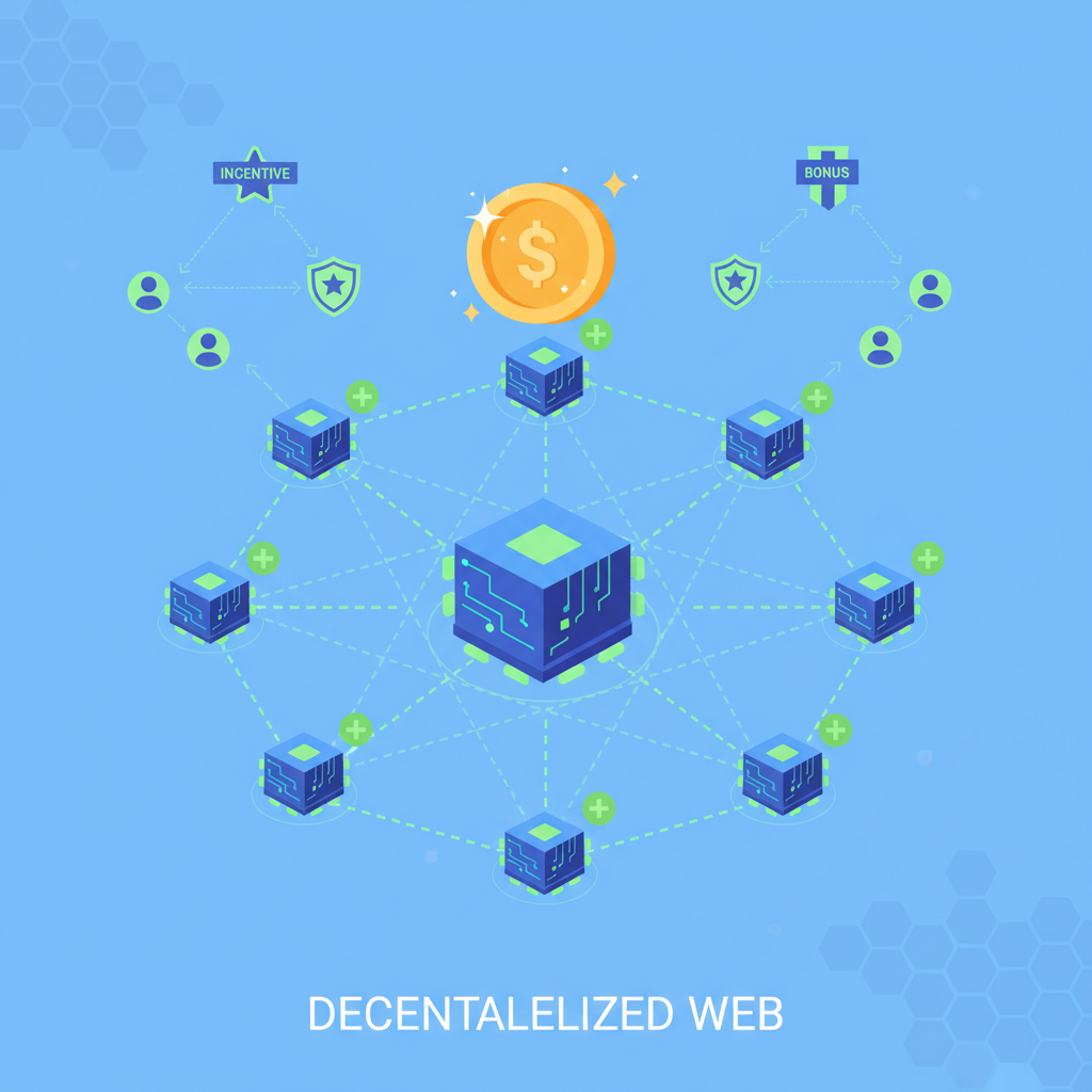 Network of connected GPUs with reward icons, referral chains, glowing incentive badges in decentralized web