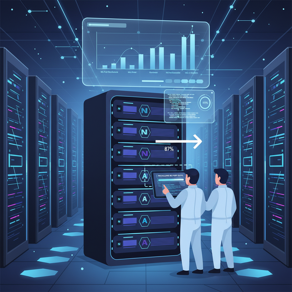 modern GPU server rack installing MLPerf software, futuristic data center glow, high-tech screens showing benchmarks