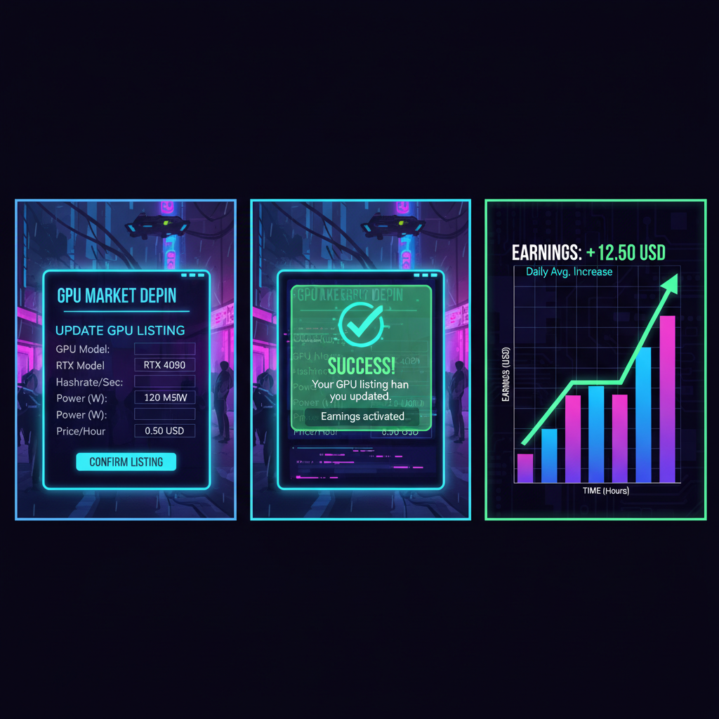 updating GPU listing on gpumarketdepin marketplace, success notifications, earnings graph rising, neon cyberpunk style