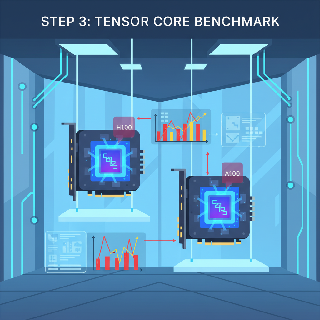 H100 and A100 GPUs running tensor core benchmarks, glowing cores, performance graphs spiking, sci-fi lab setting