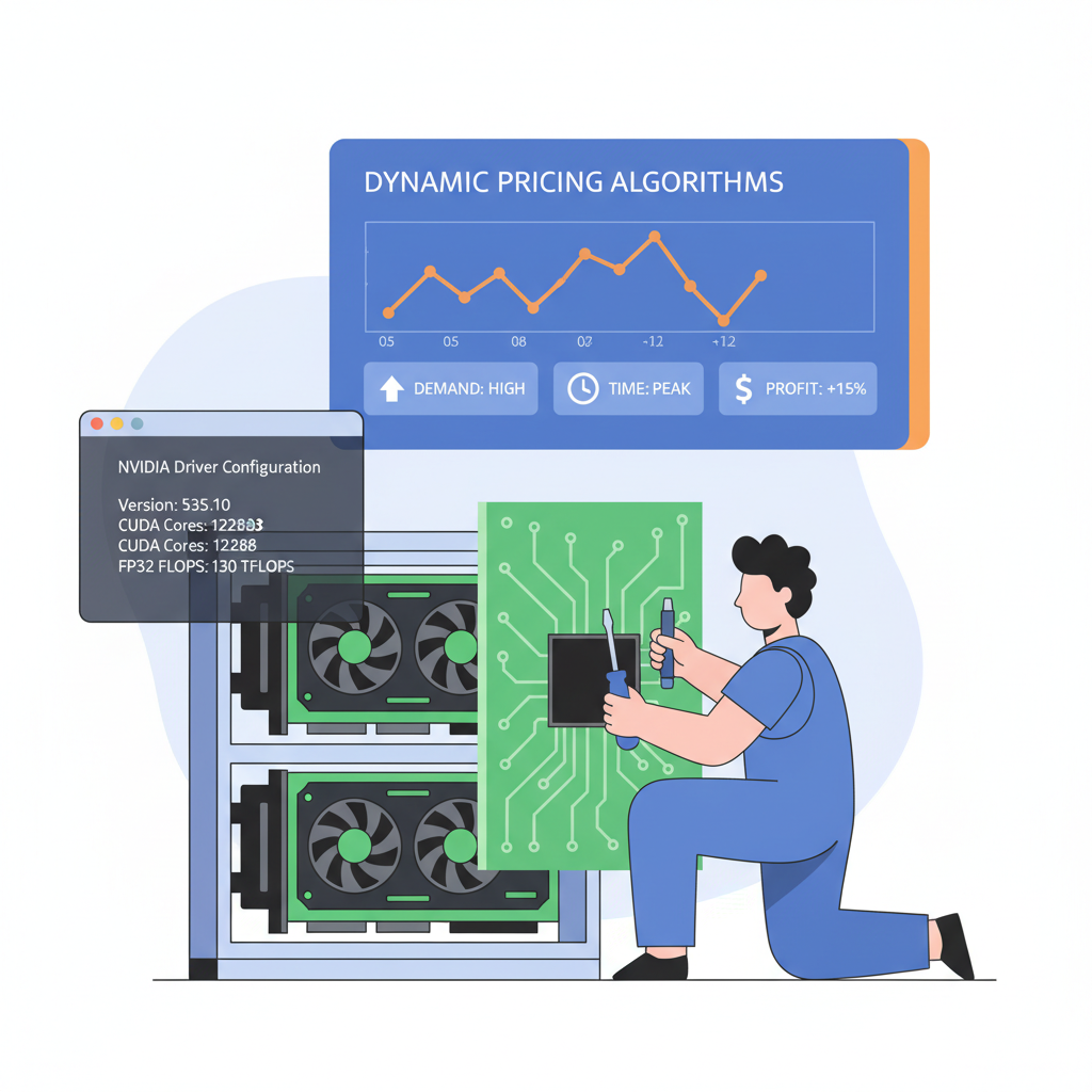 technician tweaking NVIDIA drivers on GPU rig, code terminal with FLOPS metrics, dynamic pricing dashboard in background