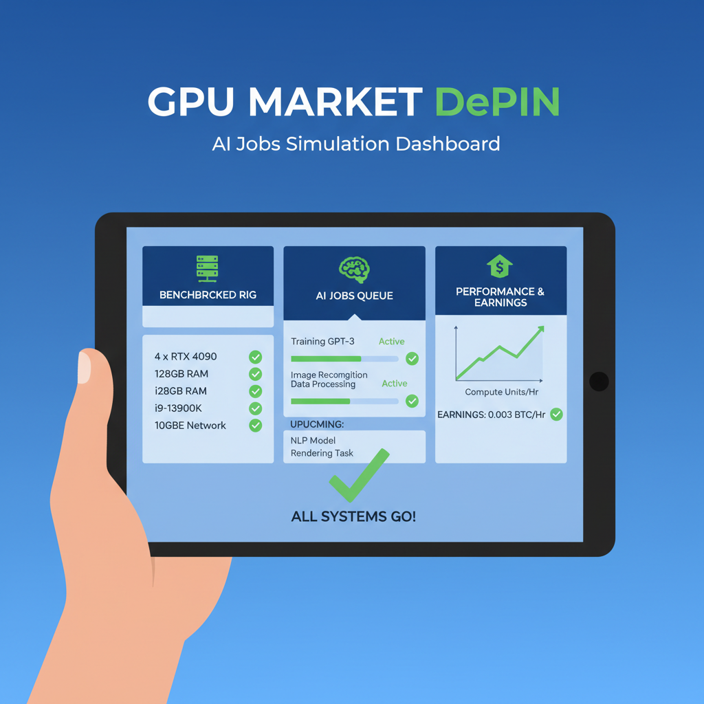 gpumarketdepin dashboard simulating AI jobs on benchmarked GPU rig, green validation checks, futuristic interface