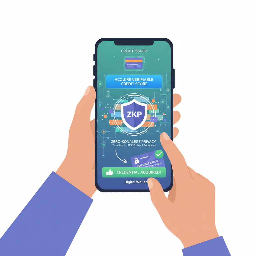 user on smartphone acquiring verifiable credential from credit issuer app, futuristic blockchain UI, zero-knowledge privacy theme