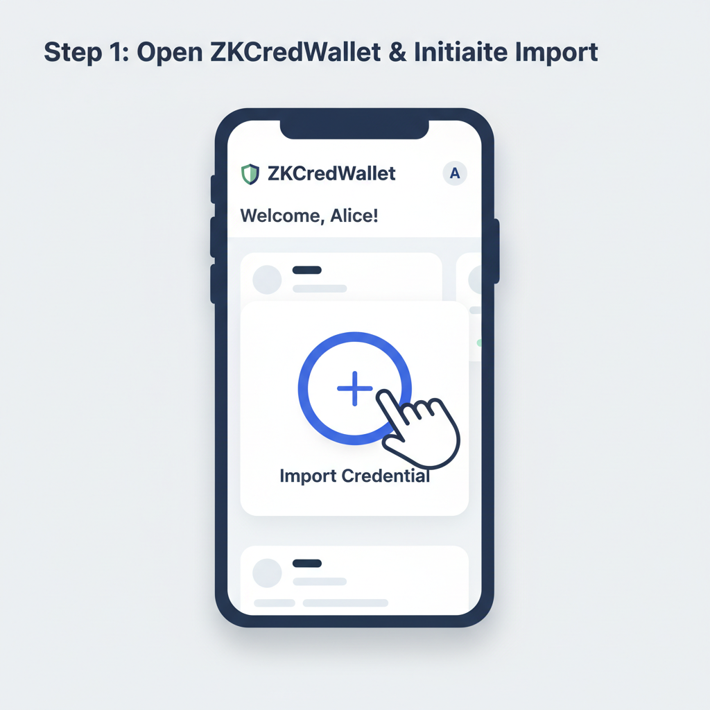 importing verifiable credential into ZKCredWallet mobile app interface, secure scan QR code, clean modern design