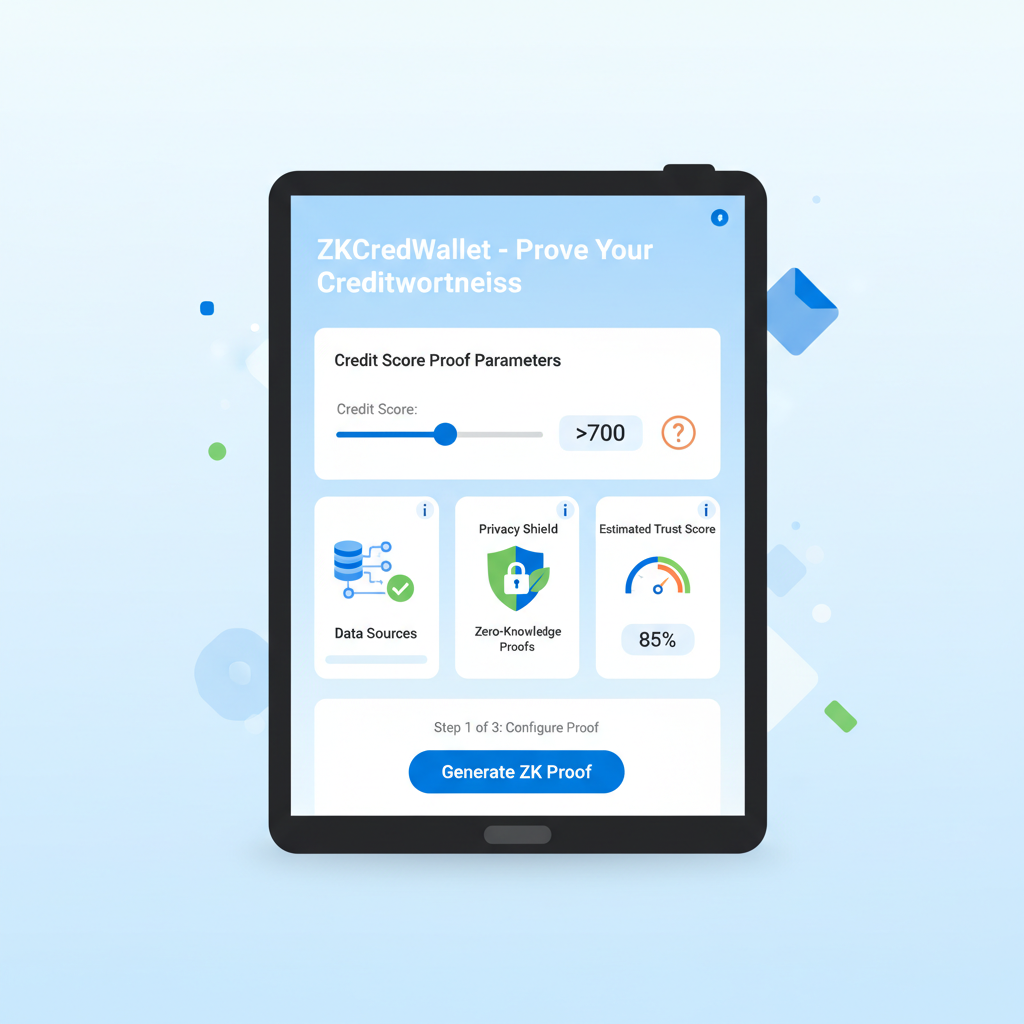 ZKCredWallet UI selecting credit score proof parameters slider >700, intuitive dashboard, educational icons” /></div>
<div class=