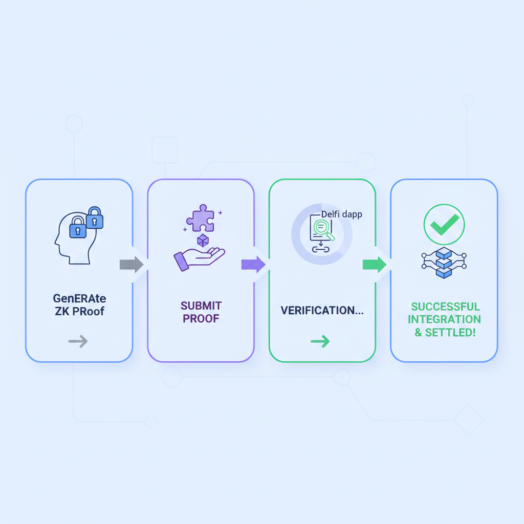 submitting ZK proof to DeFi protocol dApp, success verification checkmark, blockchain network integration