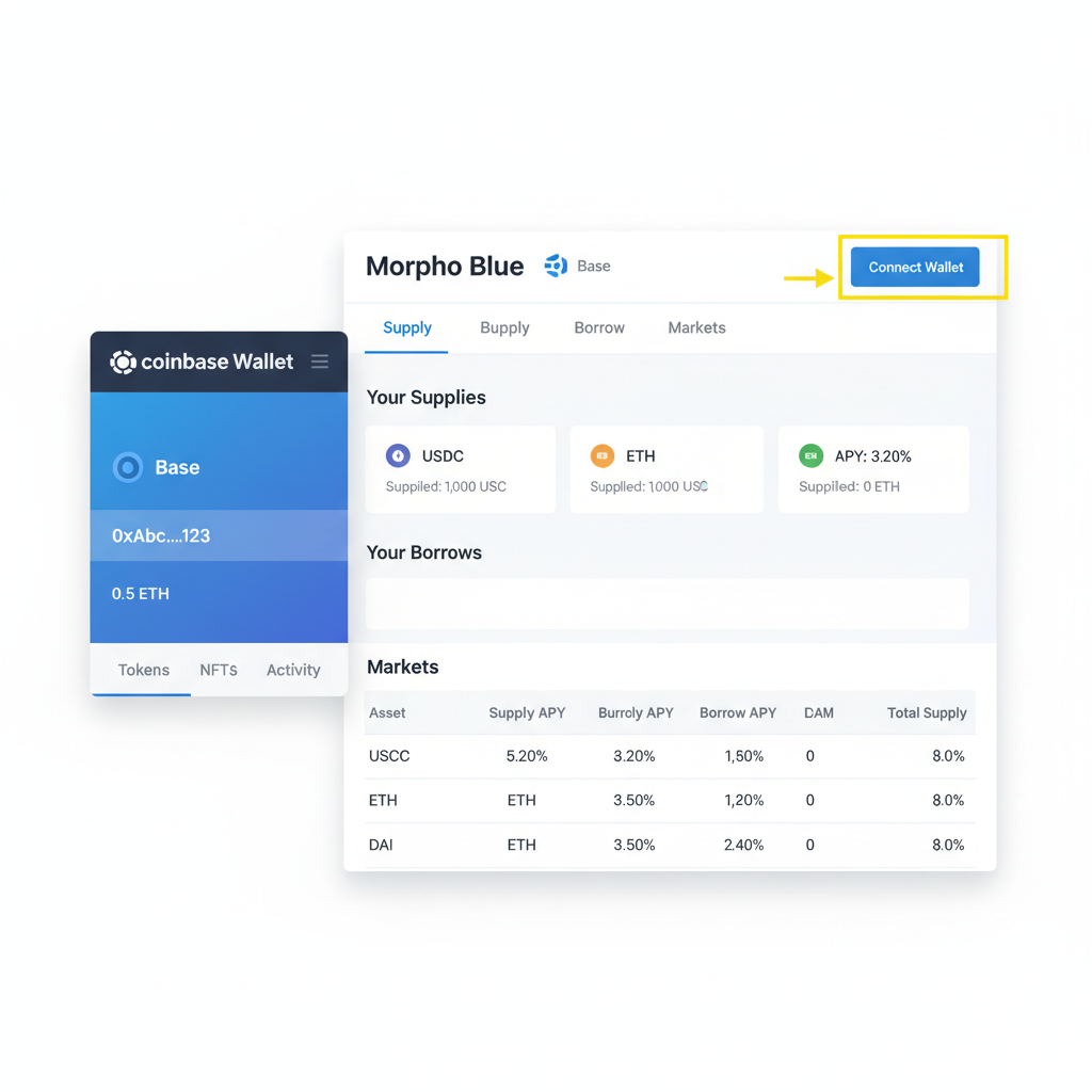 screenshot Coinbase Wallet connected to Base network, Morpho lending dashboard visible, DeFi interface