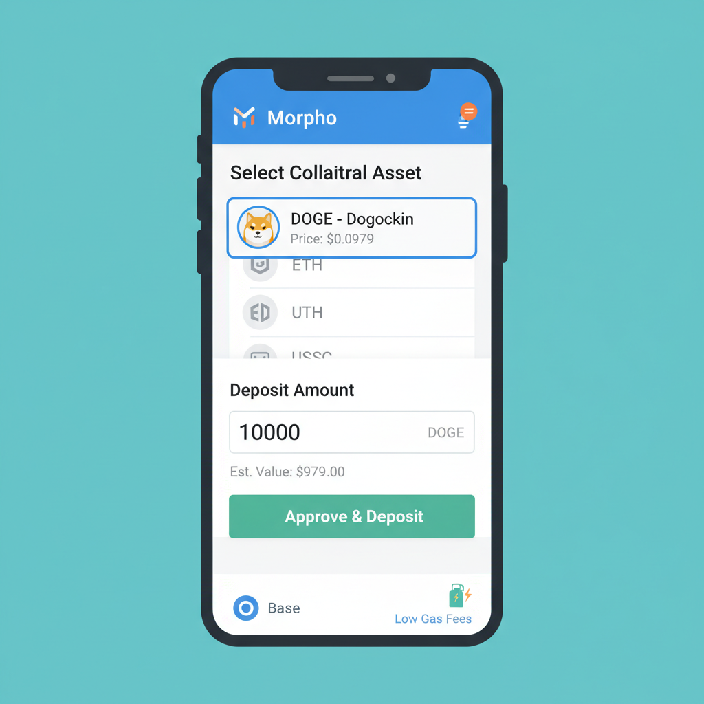 Morpho app screenshot selecting DOGE as collateral at $0.0979 price, deposit input field, Base chain indicators