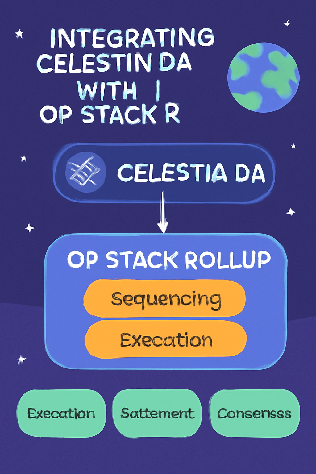 integrating Celestia DA with OP Stack rollup diagram, modular blockchain architecture, cosmic theme