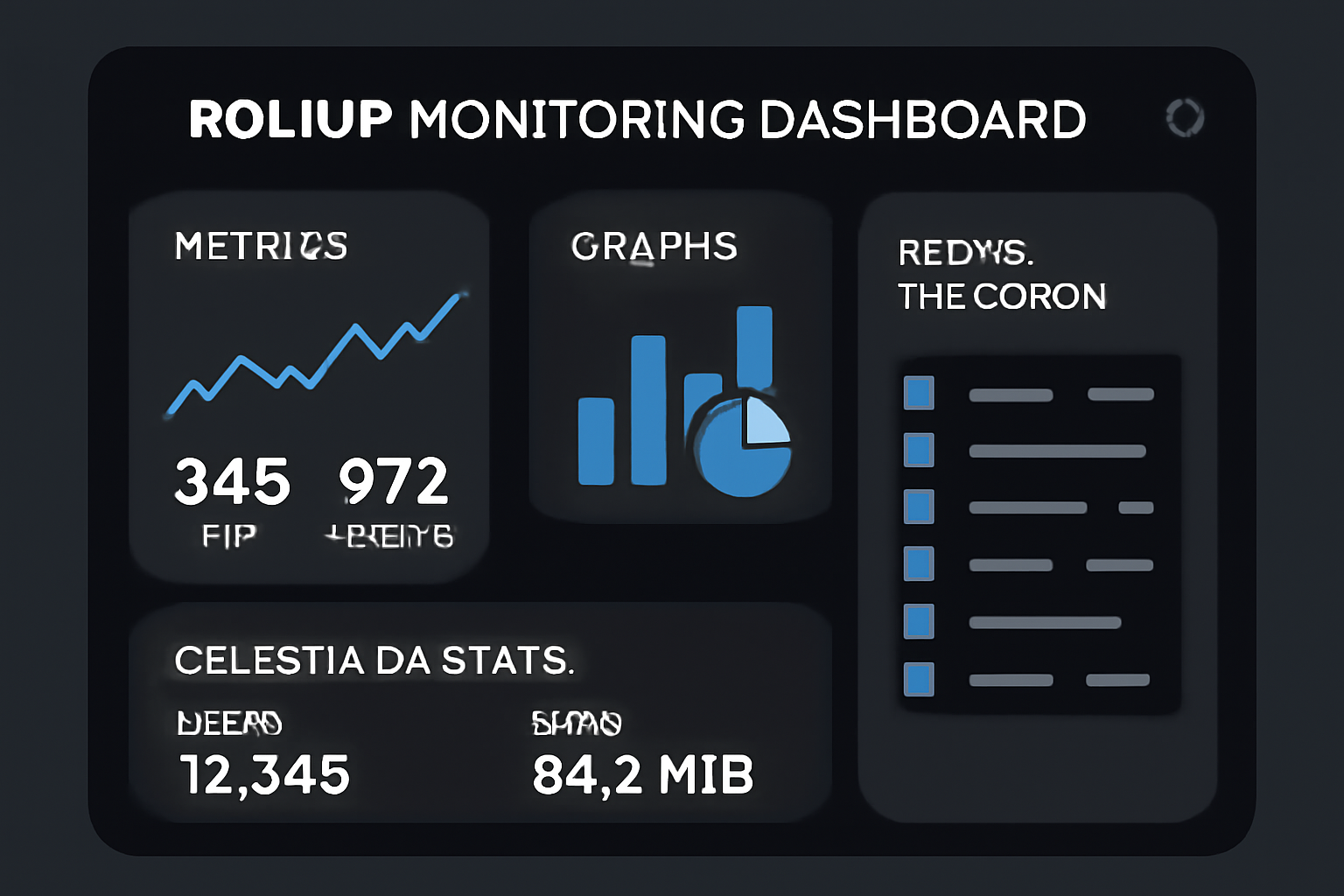 rollup monitoring dashboard with metrics graphs, block explorer, Celestia DA stats, dark mode UI