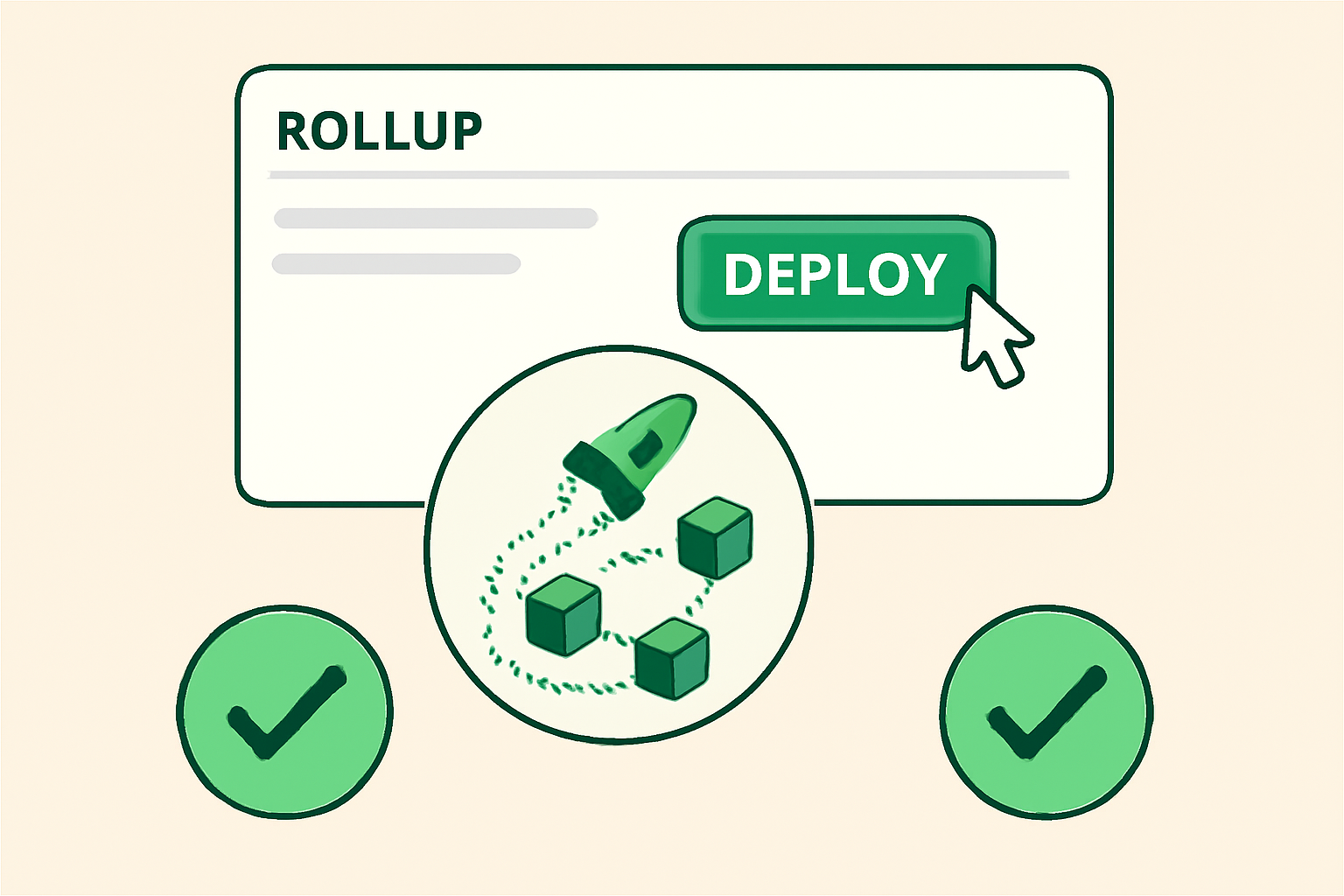one-click deploy button on rollup dashboard, launching blockchain animation, green success indicators