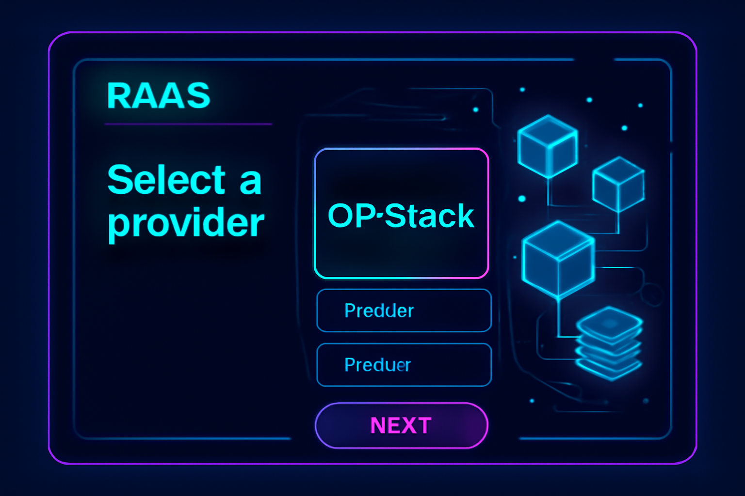 futuristic RaaS dashboard interface selecting OP Stack provider, neon blockchain UI, high-tech screens