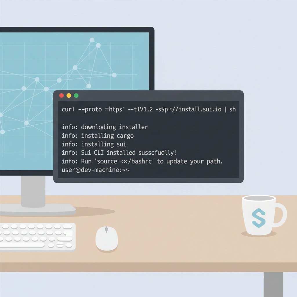 Sui CLI installation on terminal screen, modern developer setup, clean code interface