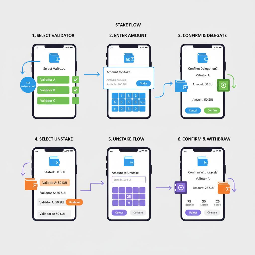 Testing stake unstake flows in Sui wallet interface, tokens moving between vault and user