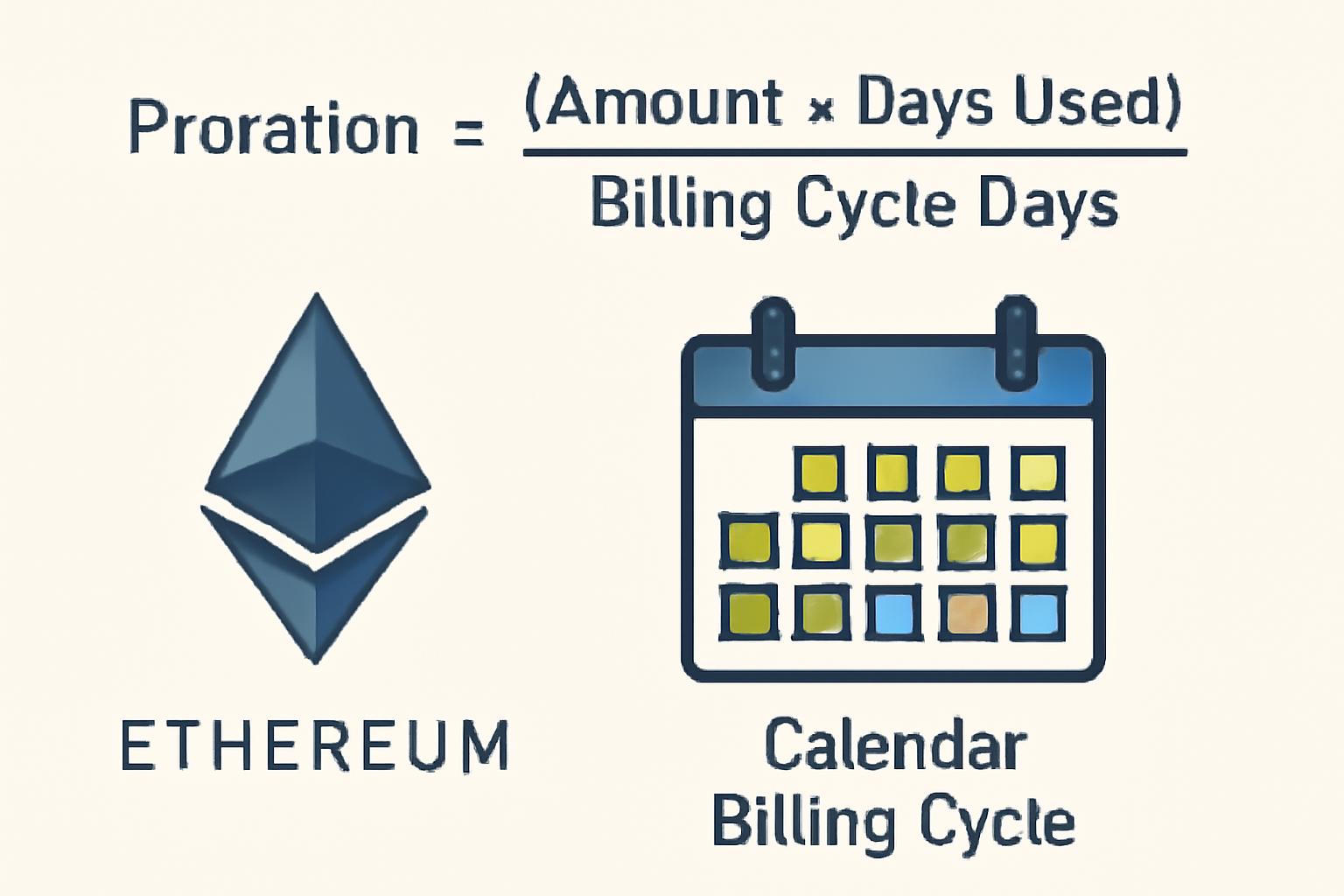 mathematical proration formula on ethereum blockchain, calendar billing cycle visualization
