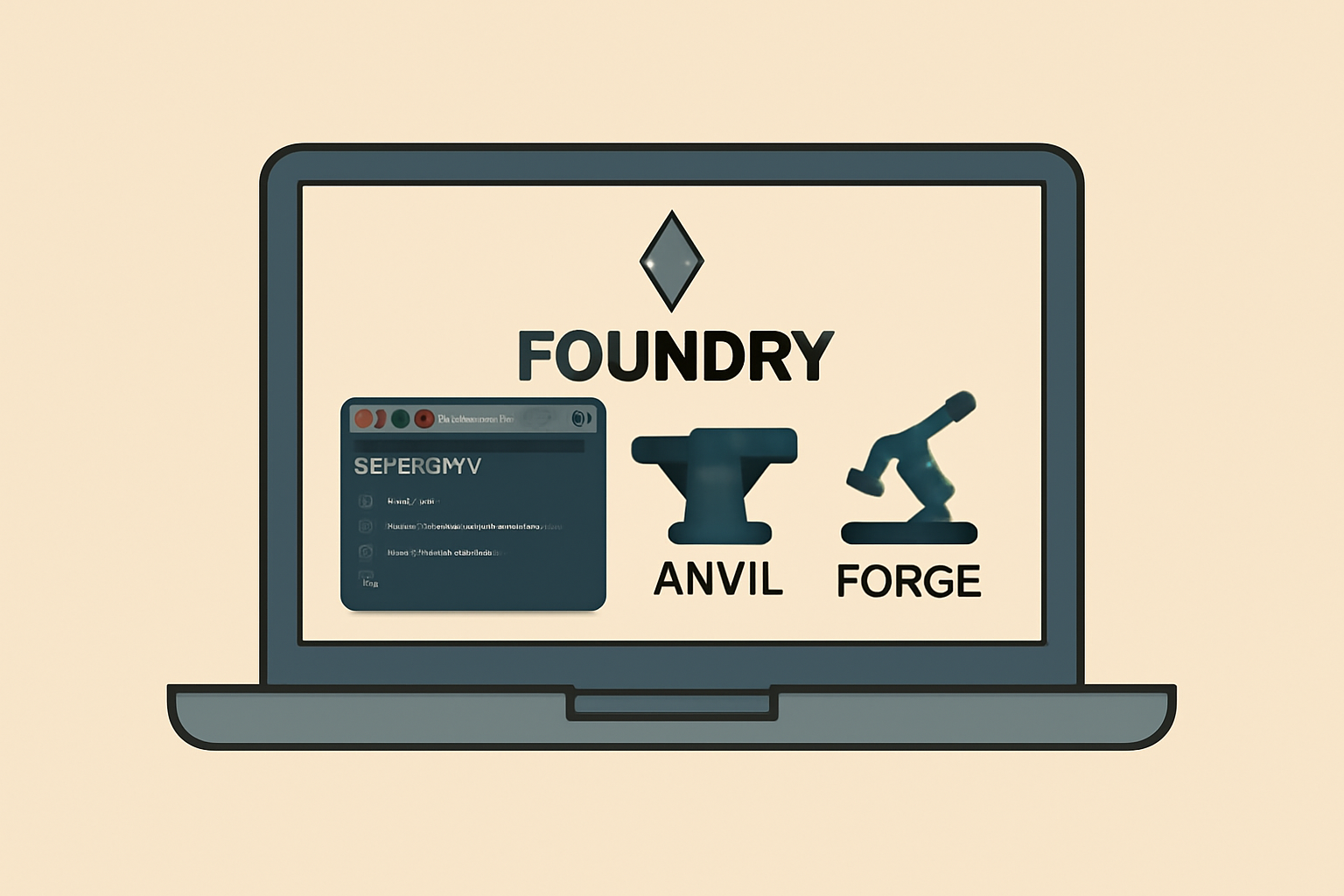 foundry ethereum development setup on laptop screen, code terminal, anvil forge icons