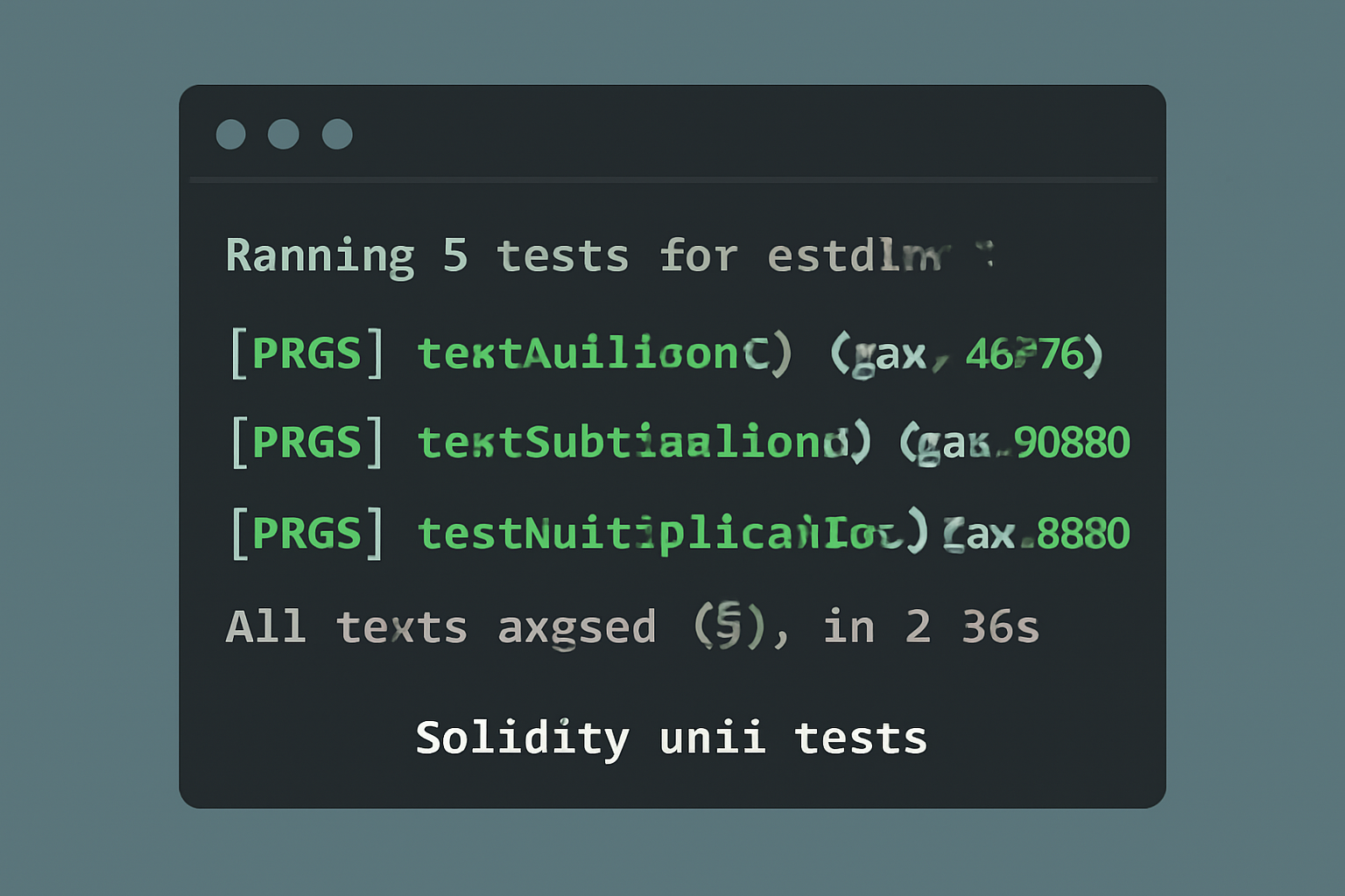 foundry test suite running in terminal, green pass checks, solidity unit tests