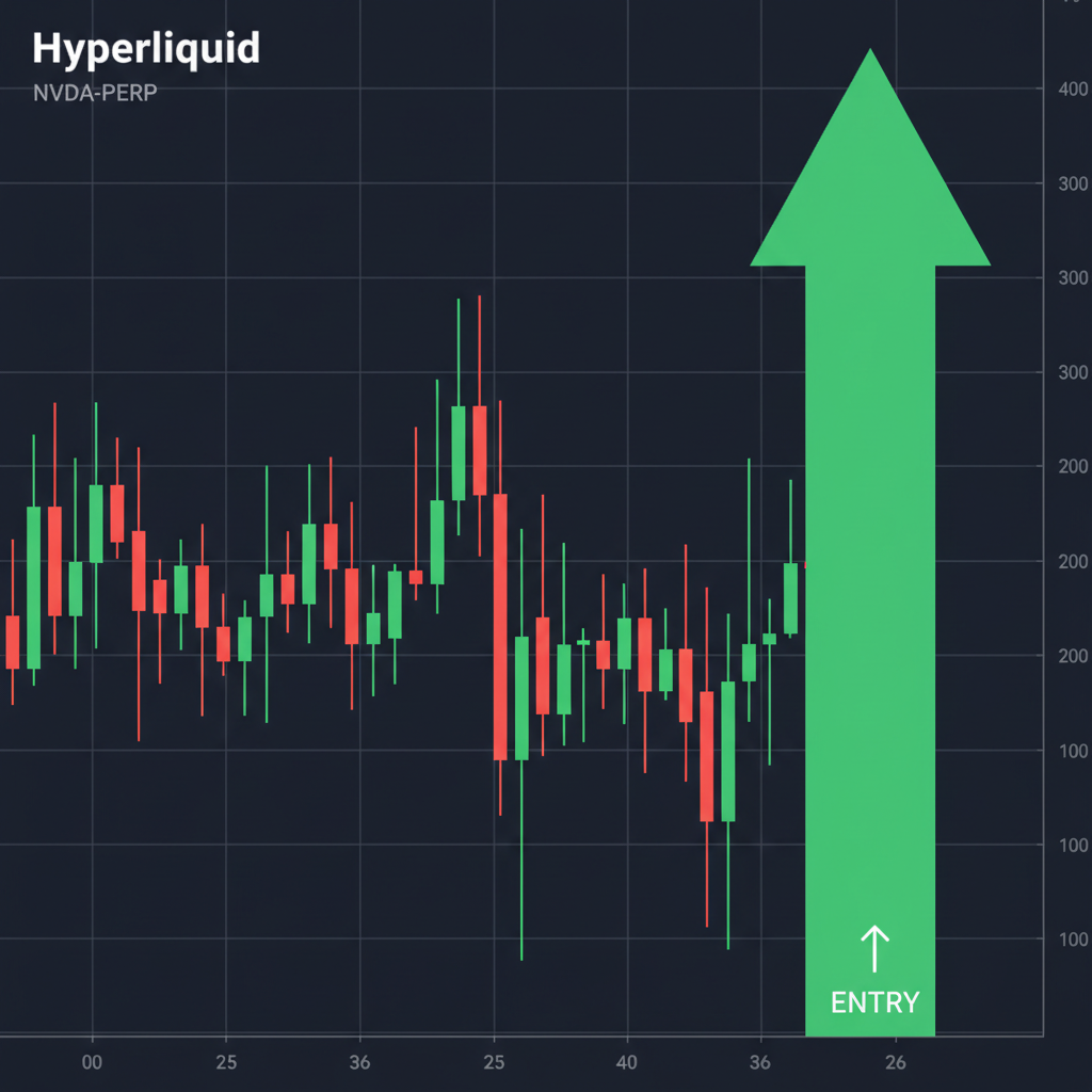 explosive volatility spike candlestick chart for NVDA-PERP with green entry arrow on Hyperliquid platform