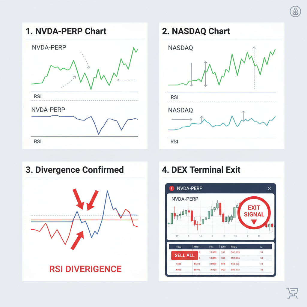 RSI divergence warning on NVDA-PERP vs Nasdaq charts with red exit signal on perp DEX terminal