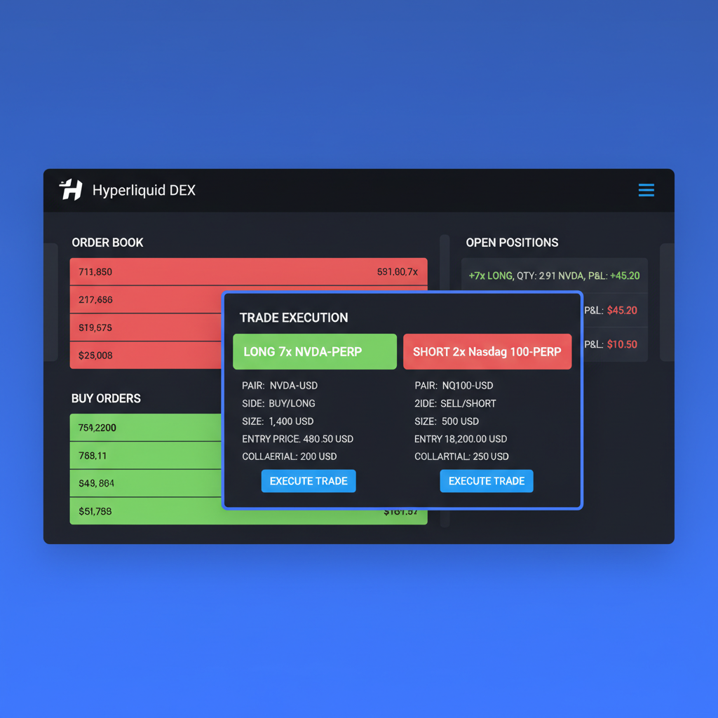 order book screen executing 7x long NVDA-PERP and 2x short Nasdaq 100 perp trade on sleek Hyperliquid DEX interface